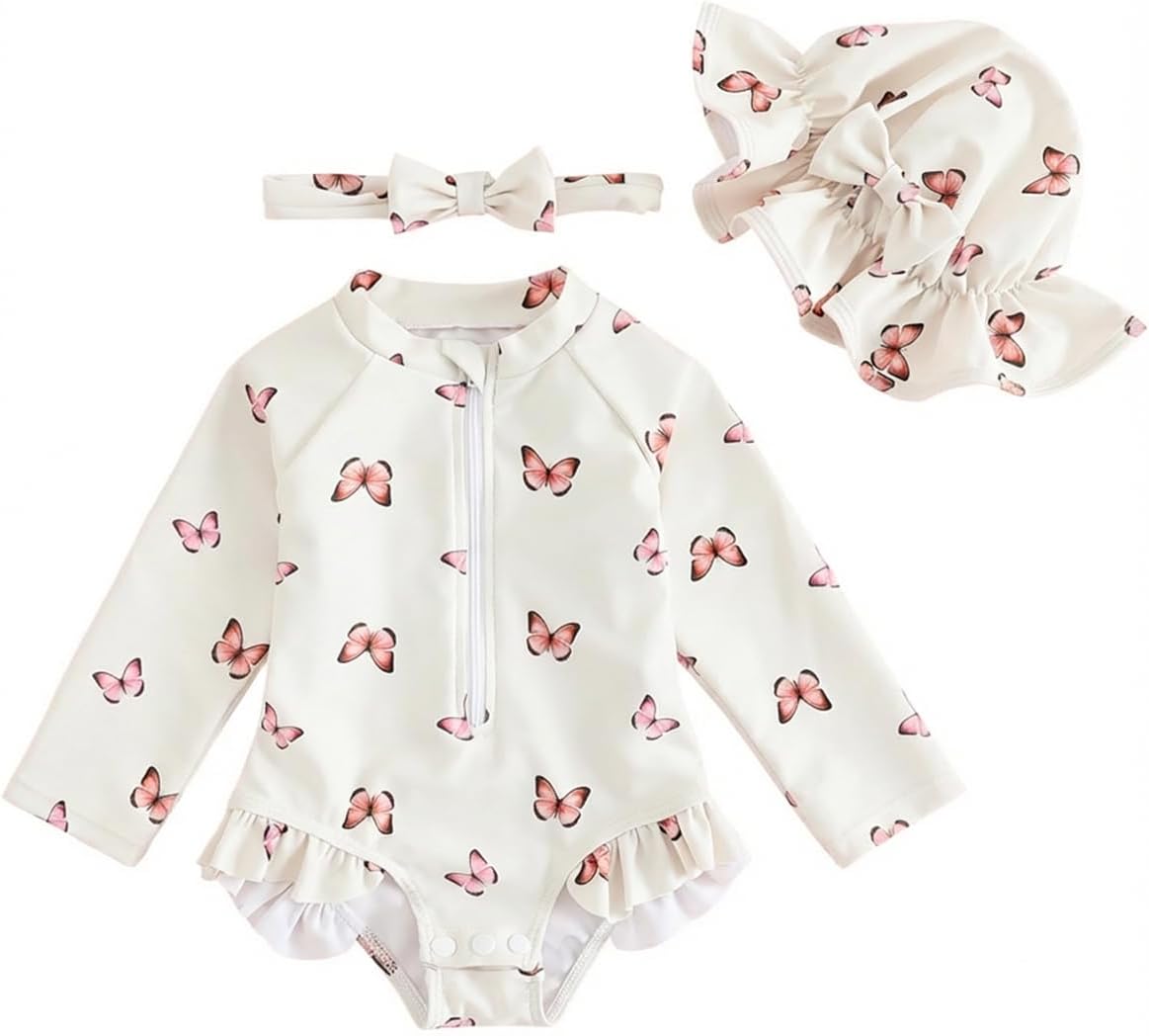 Baby Swimsuit Girl Newborn 3-Piece Set (0M–3T): Long Sleeve Swimwear with Hat & Headband
