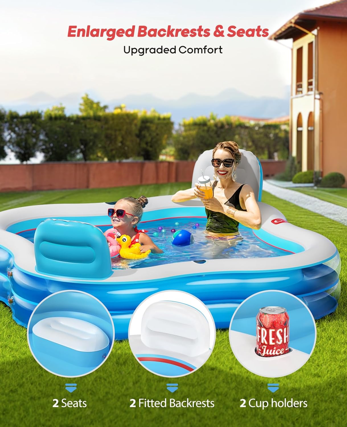 Detalle de QPAU Inflatable Pool with 2 Seats and Backrests (80" x 80" x 27")