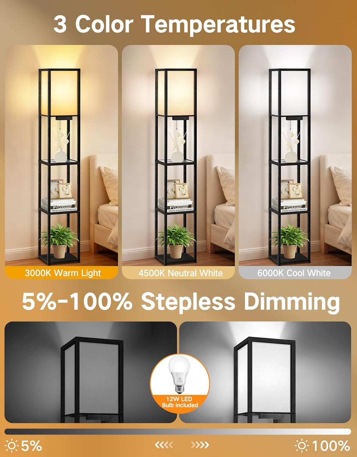 Thumbnail 2 de OUTON Stehlampe mit Glasablagen – LED-Stehleuchte mit USB-C & USB-A, Fernbedienung, 4 Farbtemperaturen