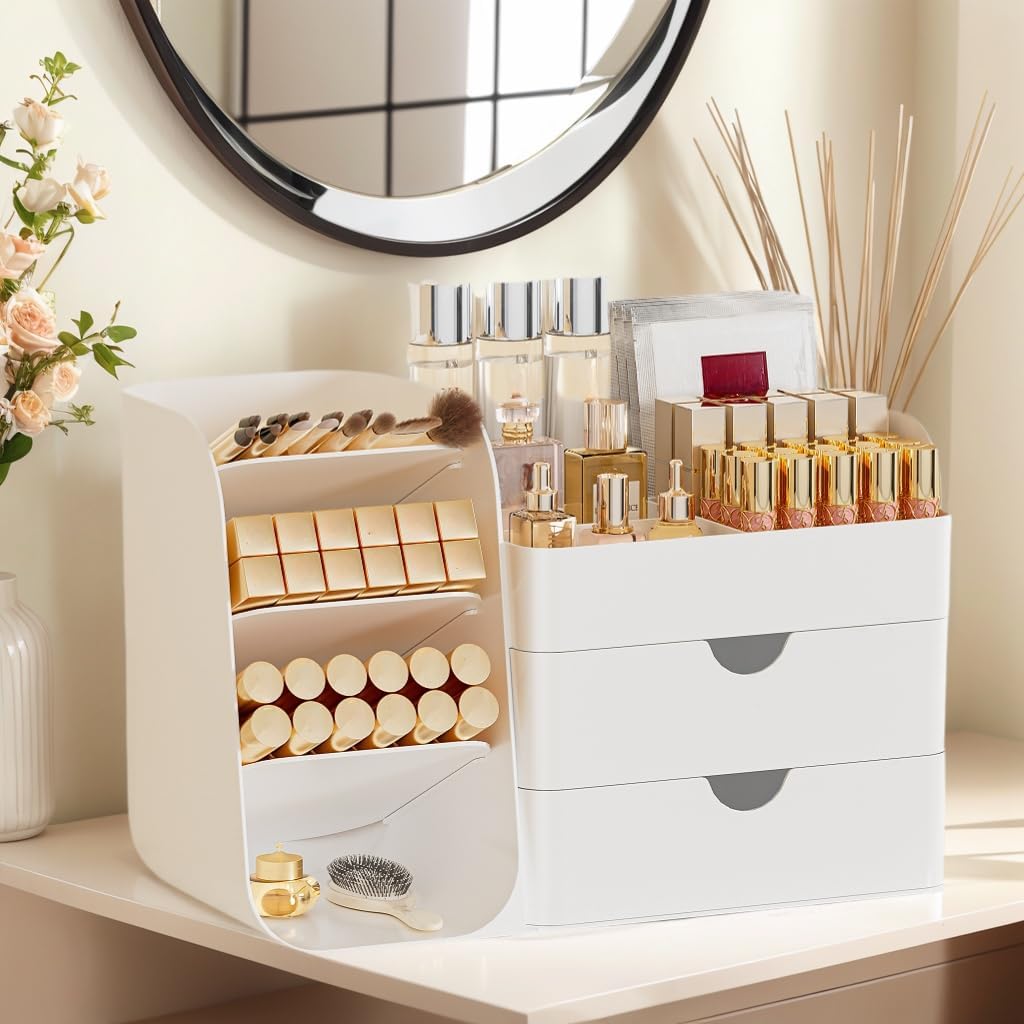 Detalle de FYABREEK Makeup Organizer with 2 M Drawers & Brush Holders (All White, M)