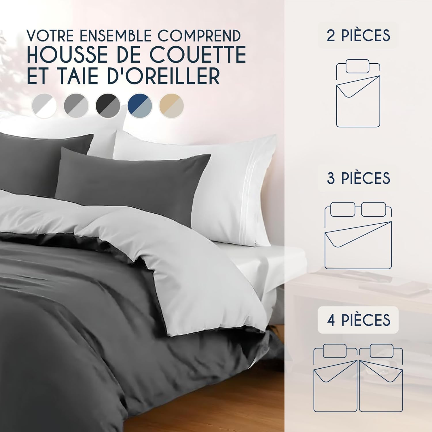Thumbnail 5 de Dreamzie Parure de lit 240x220 cm en microfibre (grande housse + 2 taies 65x65) gris foncé/gris clair