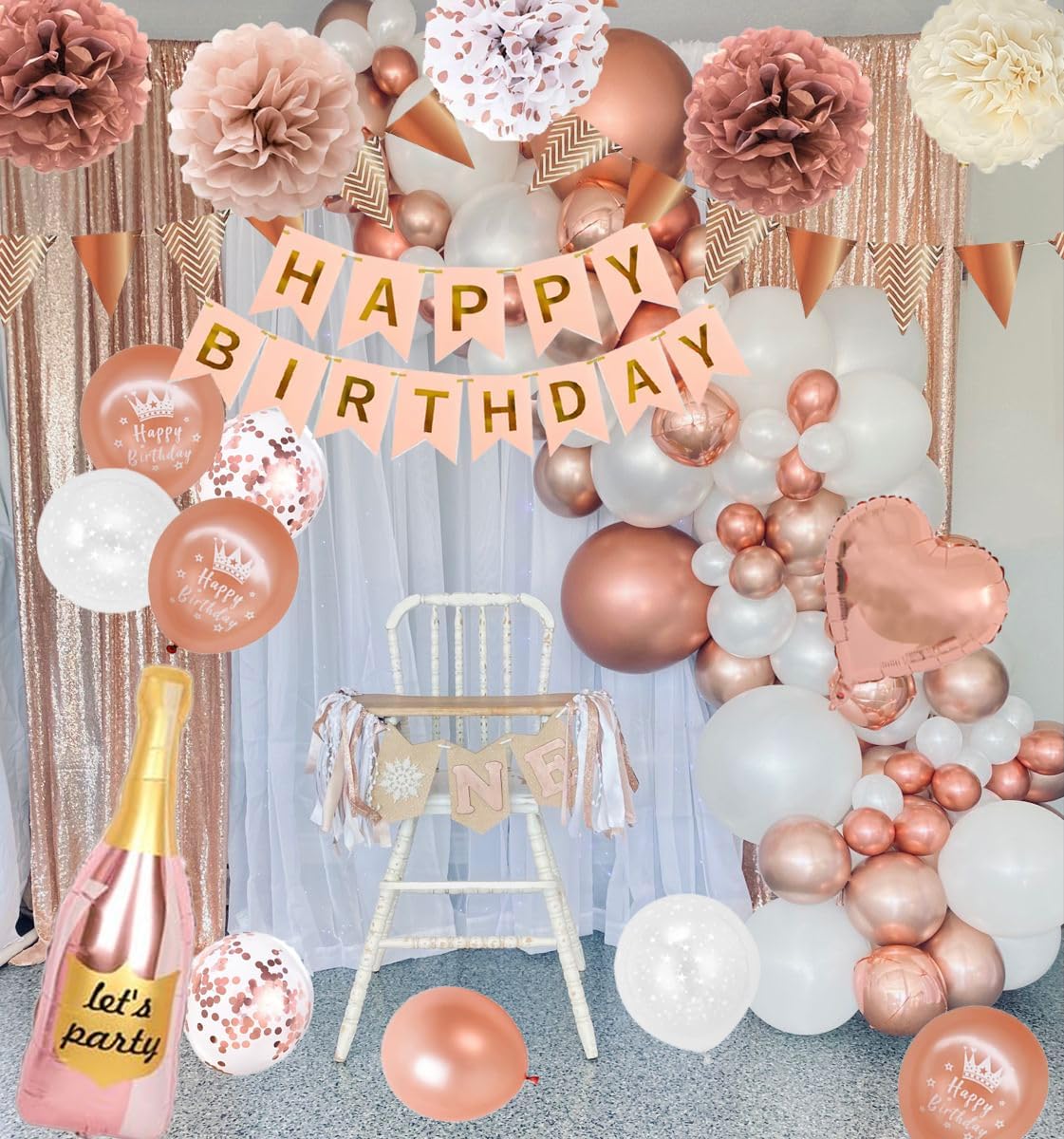 Thumbnail 6 de QGKFFOB Geburtstagsdeko Set in Roségold/Weiß mit „Happy Birthday“-Banner, Konfetti-Ballons, Pompons & Girlande