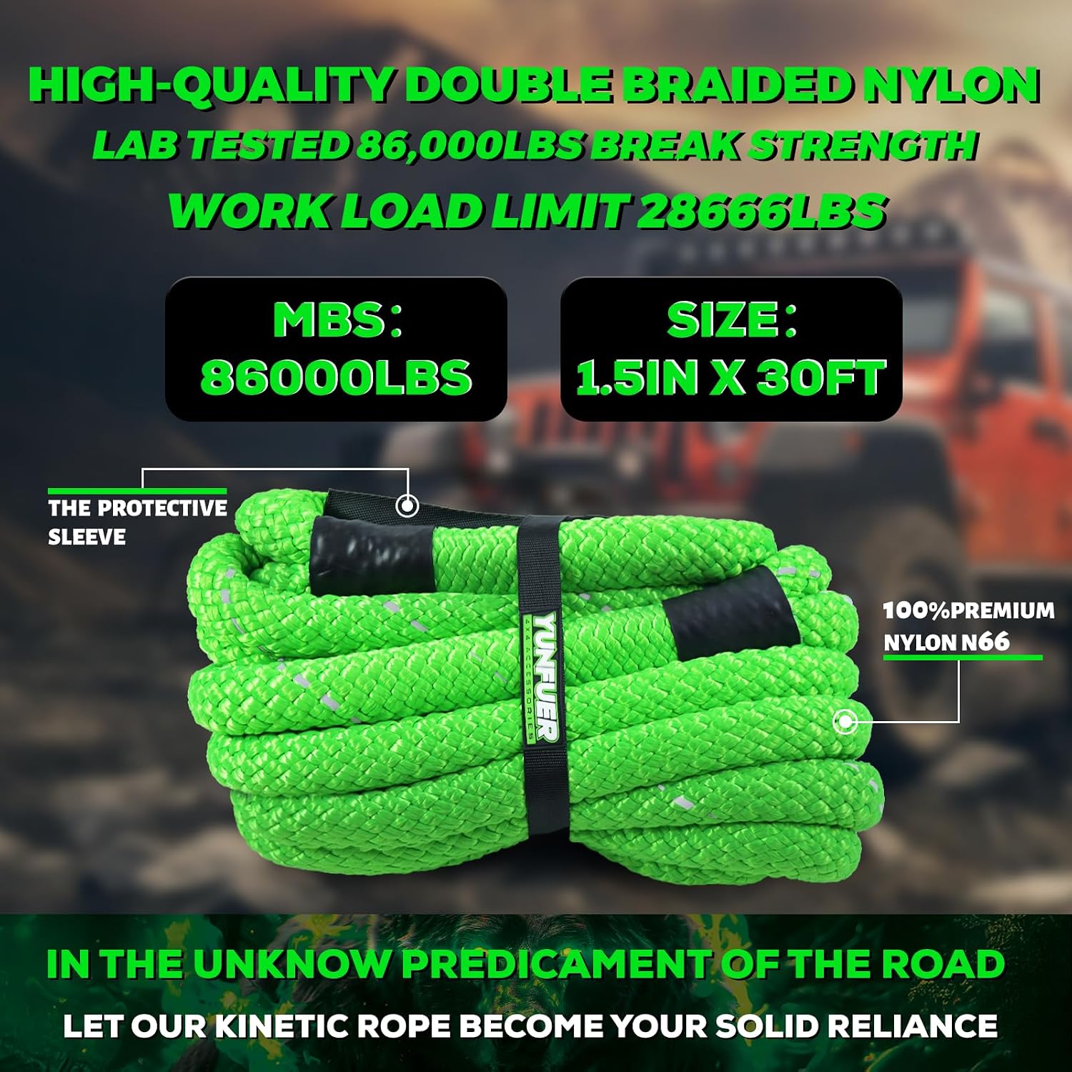 Detalle de YUNFUER Heavy-Duty Kinetic Recovery Rope 86,000 lb