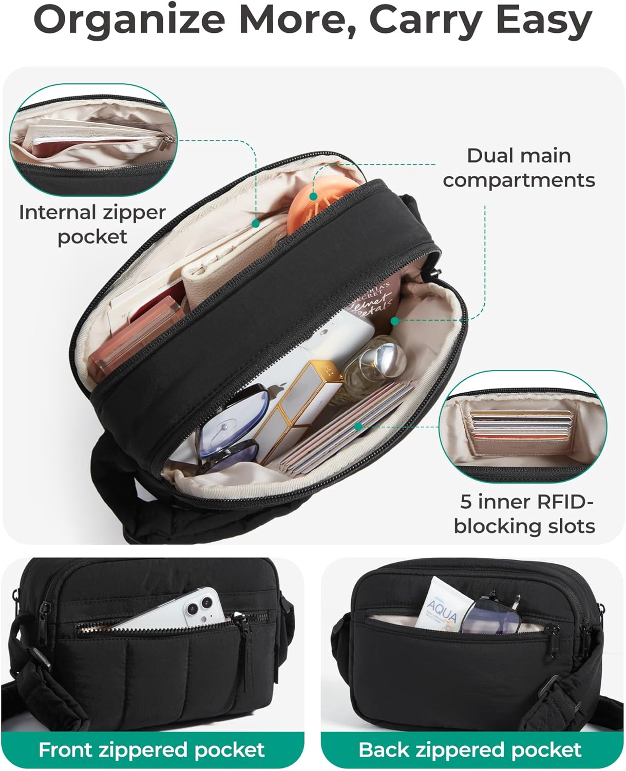 Detalle de bagsmart Umhängetasche Damen Crossbody Bag Klein – Leichte, wasserdichte Tasche mit RFID-Schutz (150 g, 22 x 7 x 15,5 cm)