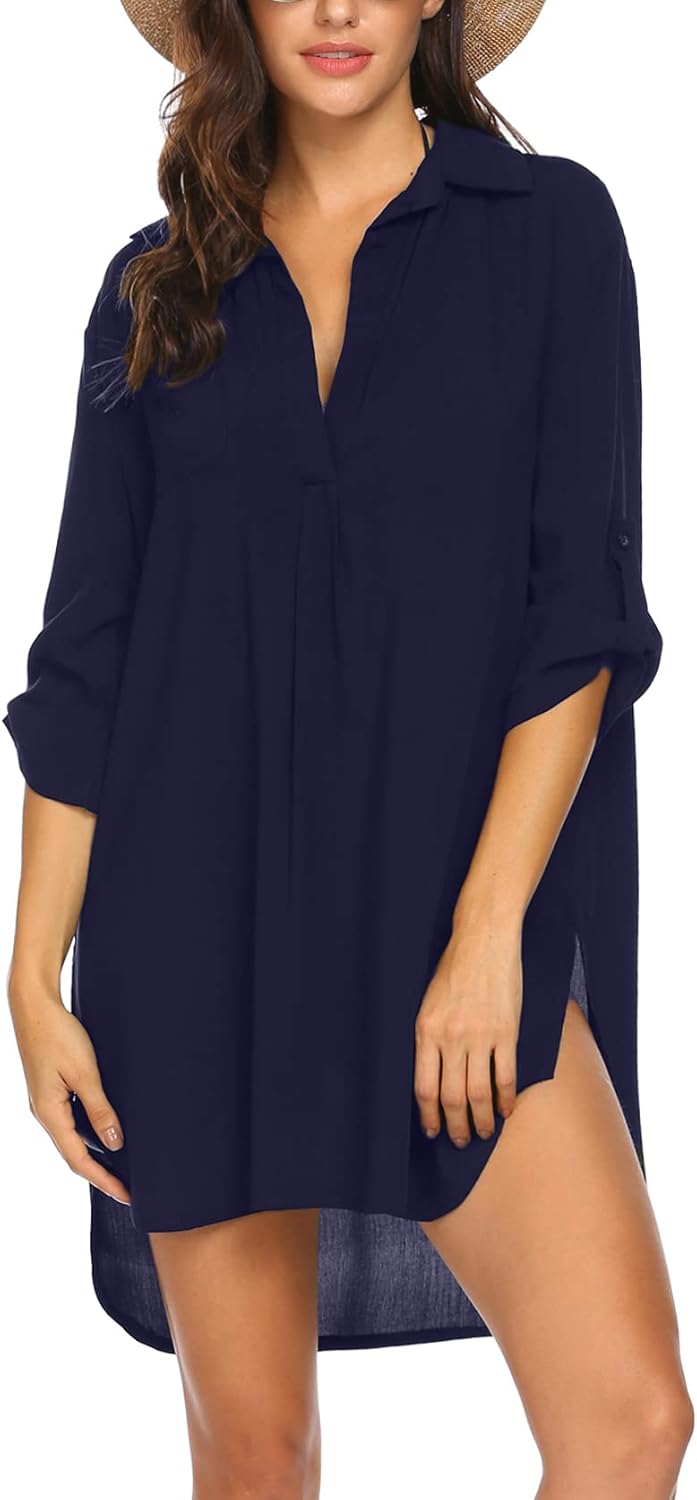 Detalle de UNibelle Robe de Plage Femme Été Boheme – Cover-Up bikini à col en V et manches 3/4 (S-3XL)