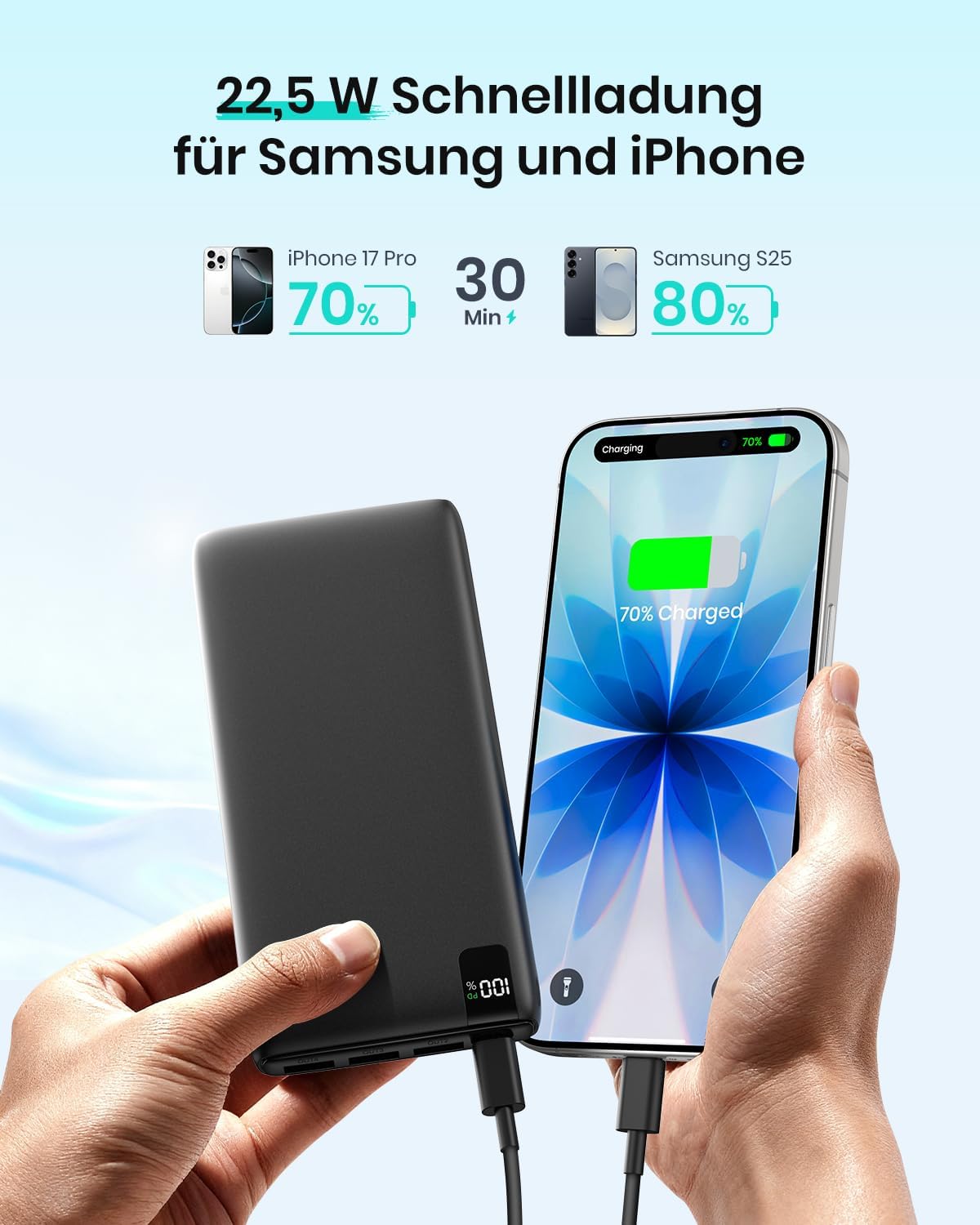 Detalle 2 de A ADDTOP Power Bank 20000mAh – 22,5W Schnellladefunktion, 4 Ausgänge, kompakt & sicher