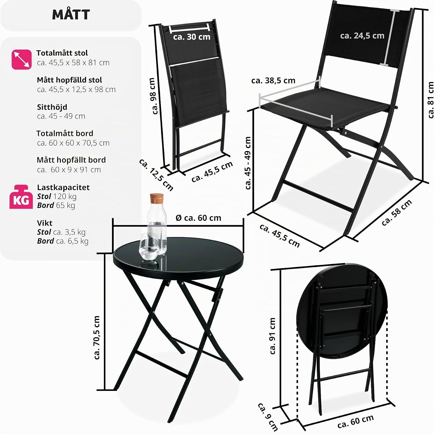 Detalle 2 de tectake 402936-3 bistroset med glasbord och två hopfällbara stolar
