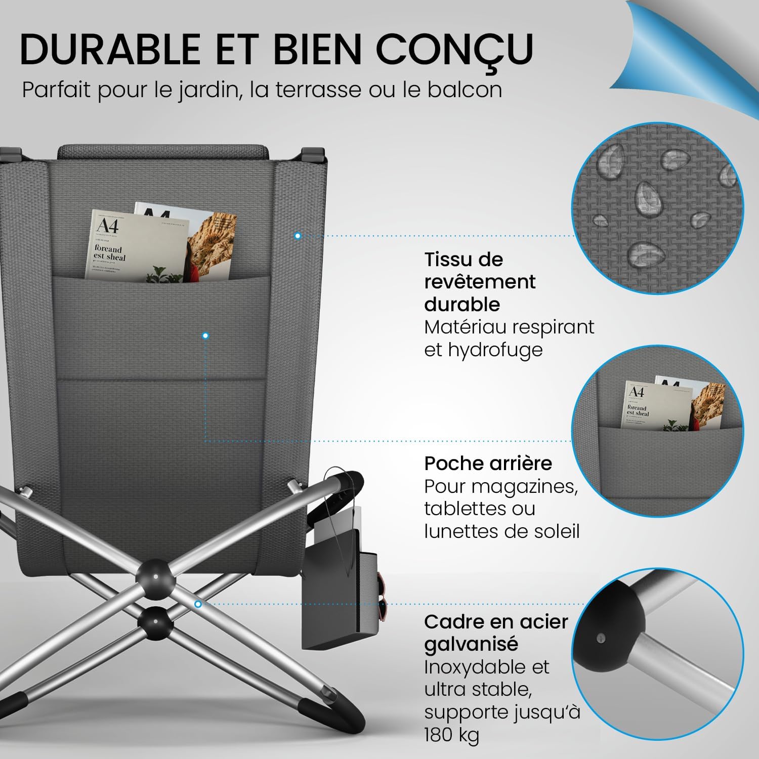 Detalle 2 de ELONEO Chaise Longue à Bascule Extérieure avec Pochette – confort zéro gravité et matière résistante