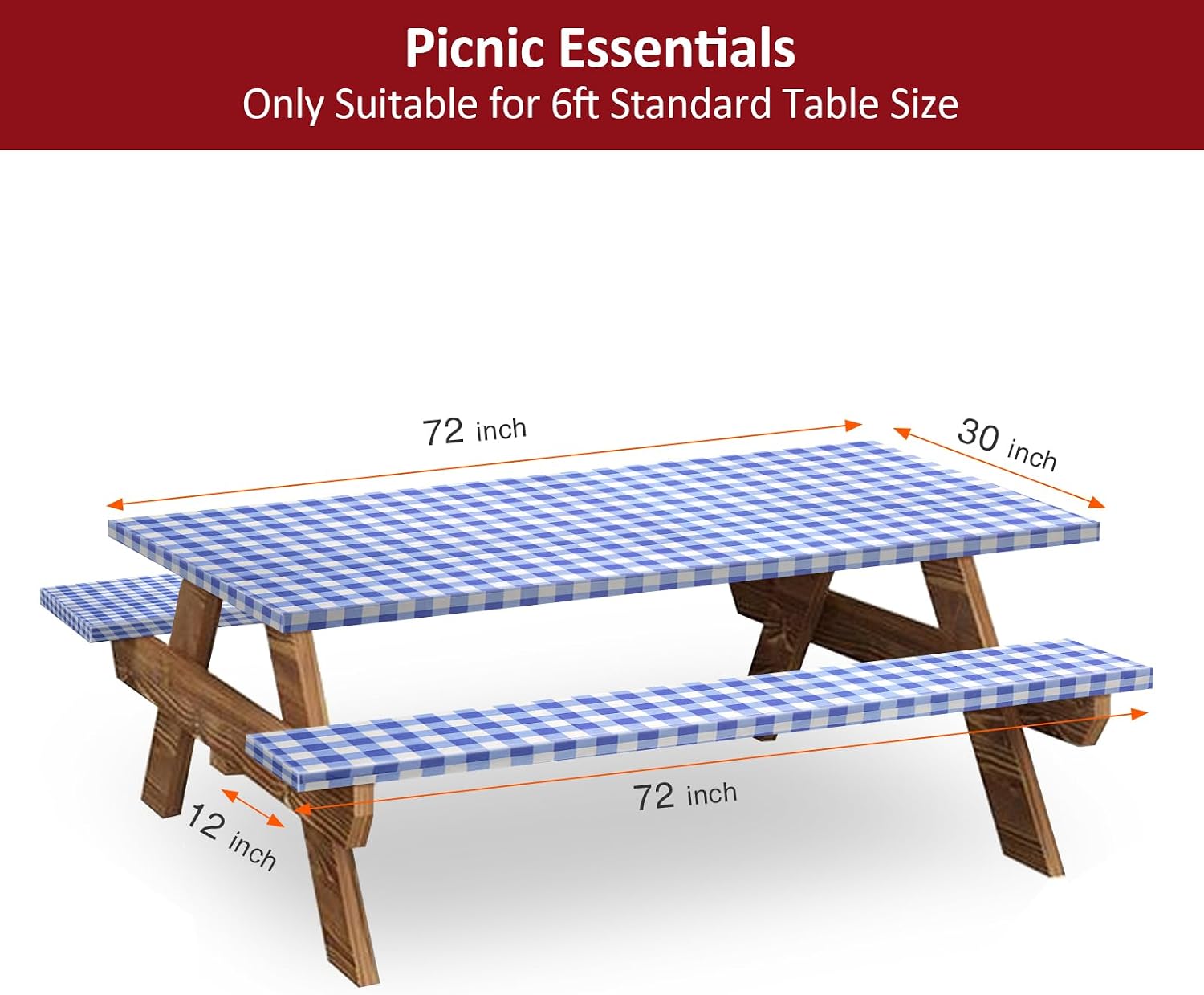 Thumbnail 1 de KENOBEE 6ft Picnic Table and Bench Cover Set, 3-Piece Blue-White Checkered