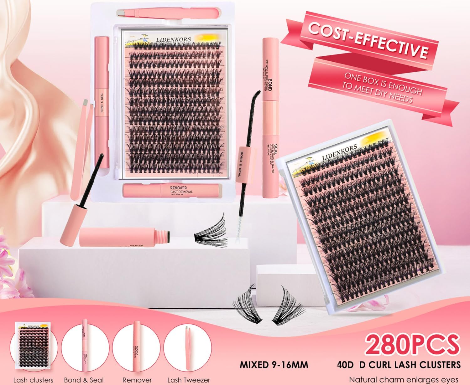 Detalle de LIDENKORS 280-Piece Lash Cluster Kit, D-Curl 9–16 mm, 2-in-1 Bond & Seal