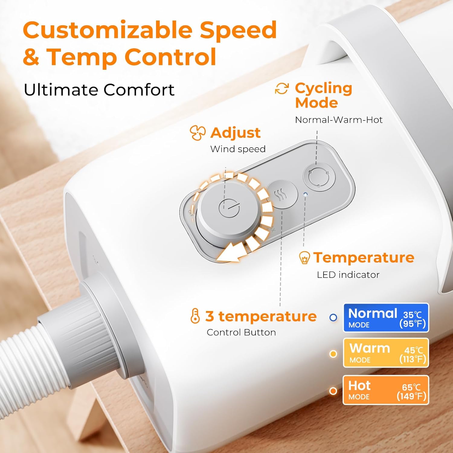 Detalle de Pecute dog hair dryer for grooming – hot & cold cycle, variable speed and 4 nozzle attachments