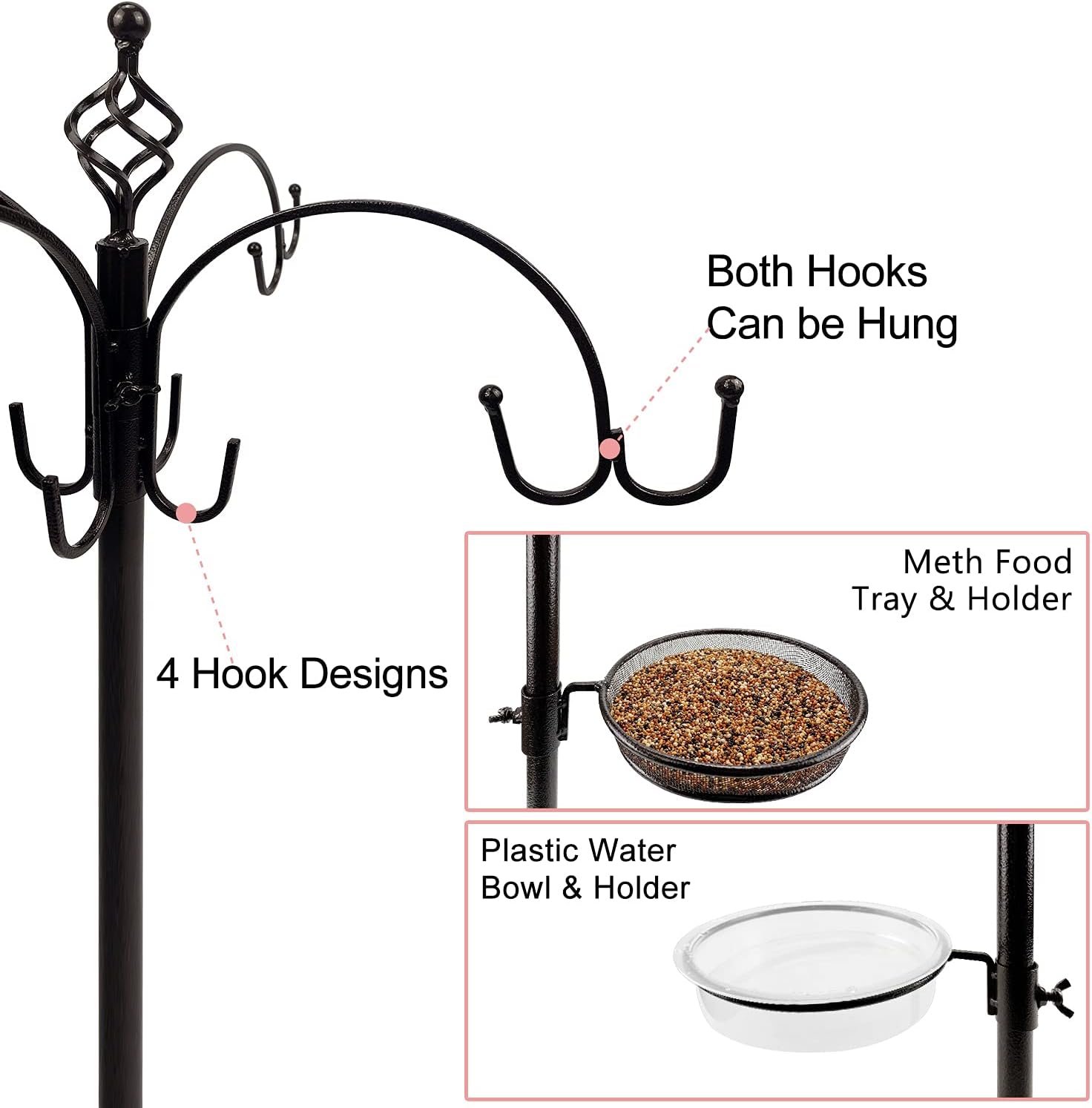 Detalle de Deluxe Bird Feeding Station Kit – Iron pole, mesh tray & hanging feeders with bird bath disc