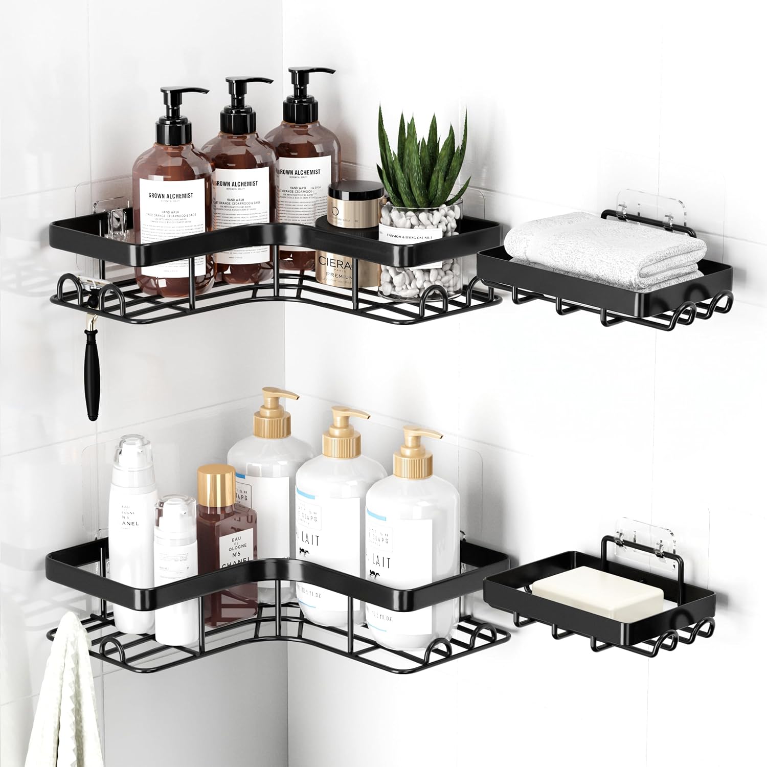 Detalle de Sakugi CA657 Corner Shower Caddy, Black Stainless Steel Shelves with Hooks