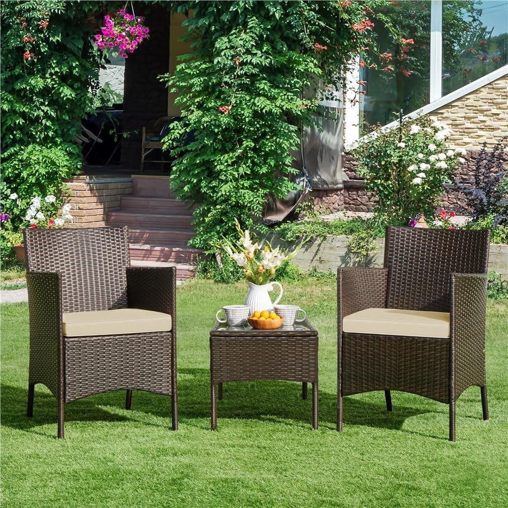 Thumbnail 3 de Yaheetech Set Mobili da Giardino 2 Poltrone e 1 Tavolino in Rattan PE Impermeabile per Esterno con Cuscini Marrone