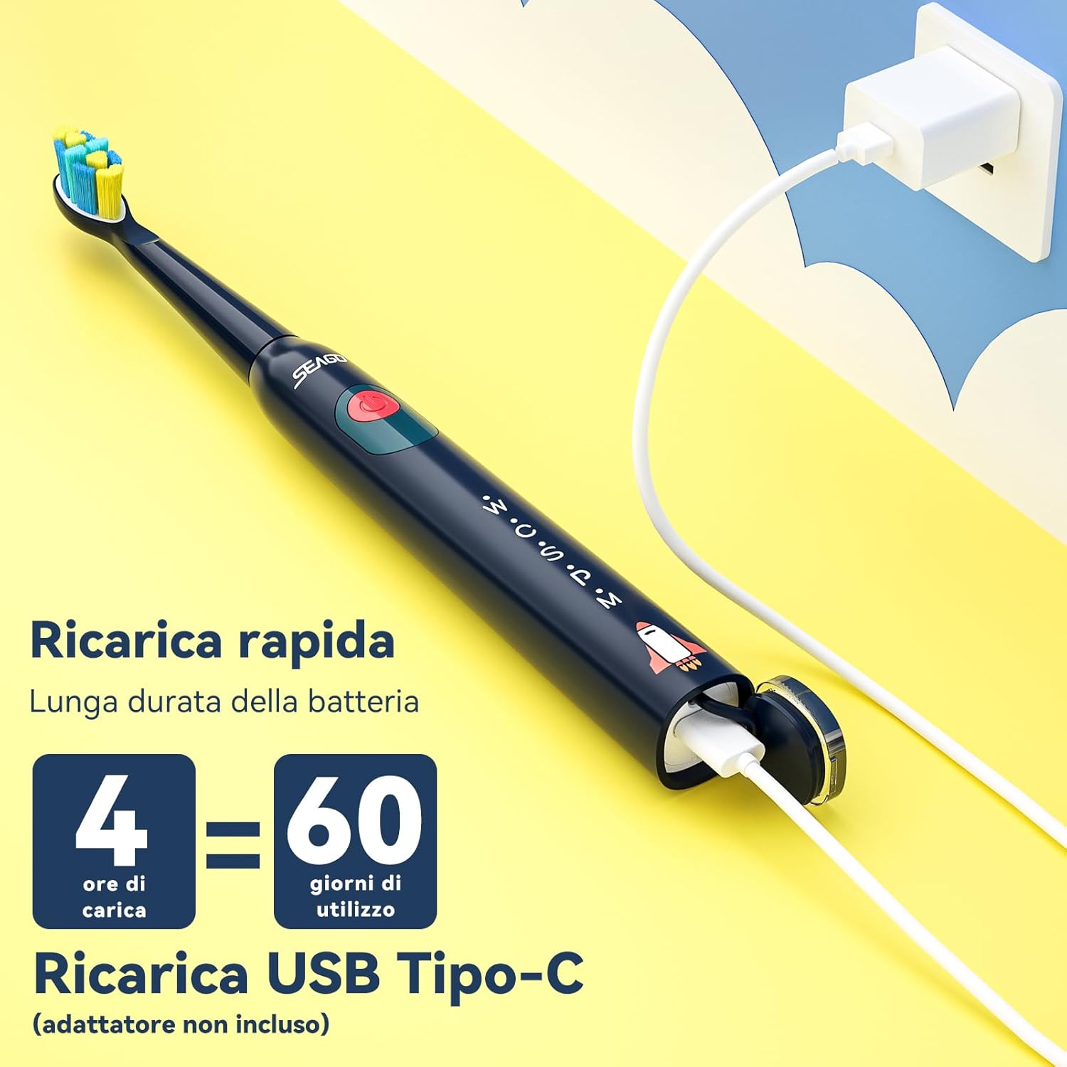 Detalle de Seago Spazzolino Elettrico Bambini 6-12 anni SG-2303 con timer, 8 testine e adesivi fai-da-te (IPX7, blu)