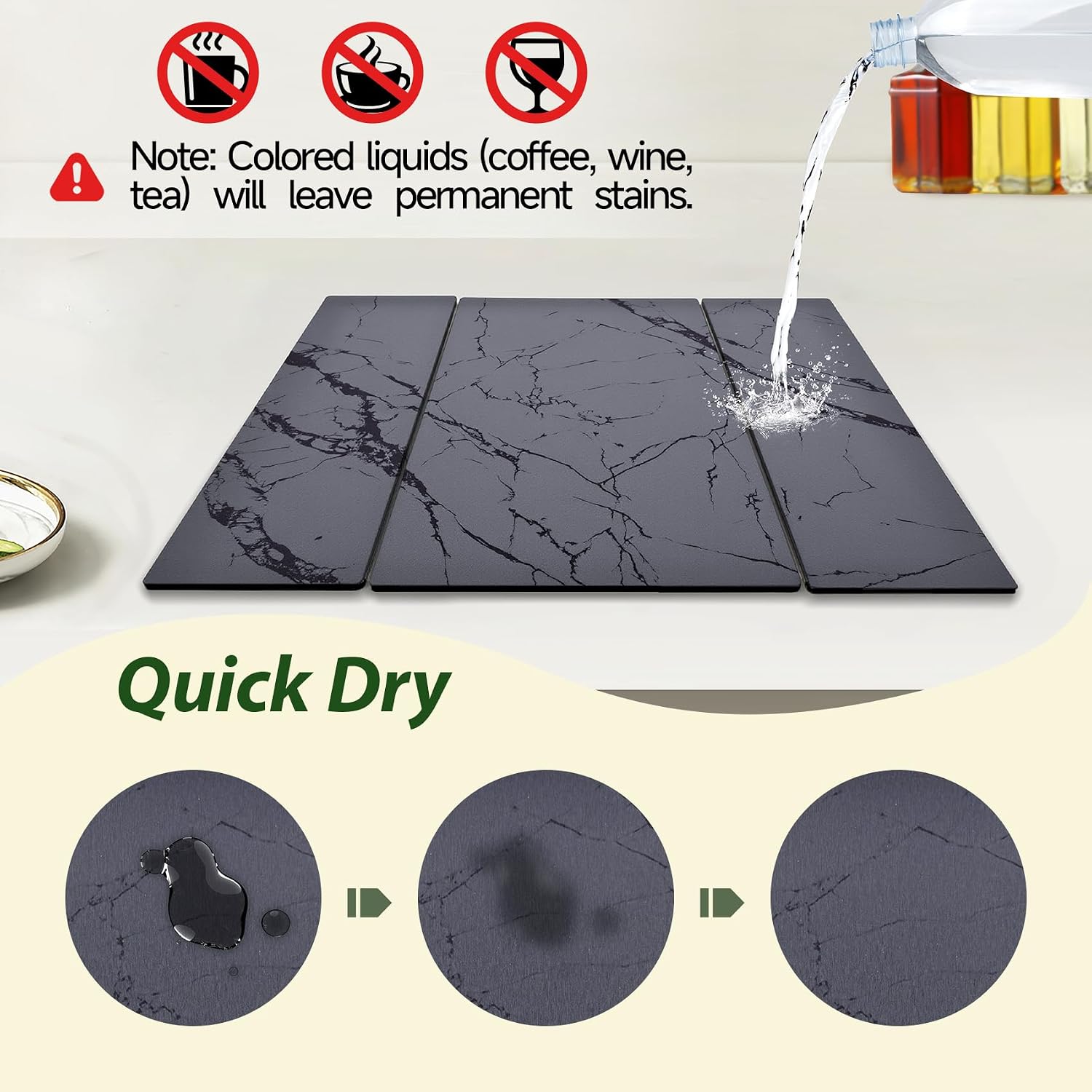 Thumbnail 3 de Large Stone Drying Mat for Kitchen Counter (24"x16"), Collapsible Quick Dry, Water-Absorbent Marble Diatomaceous Earth Mat