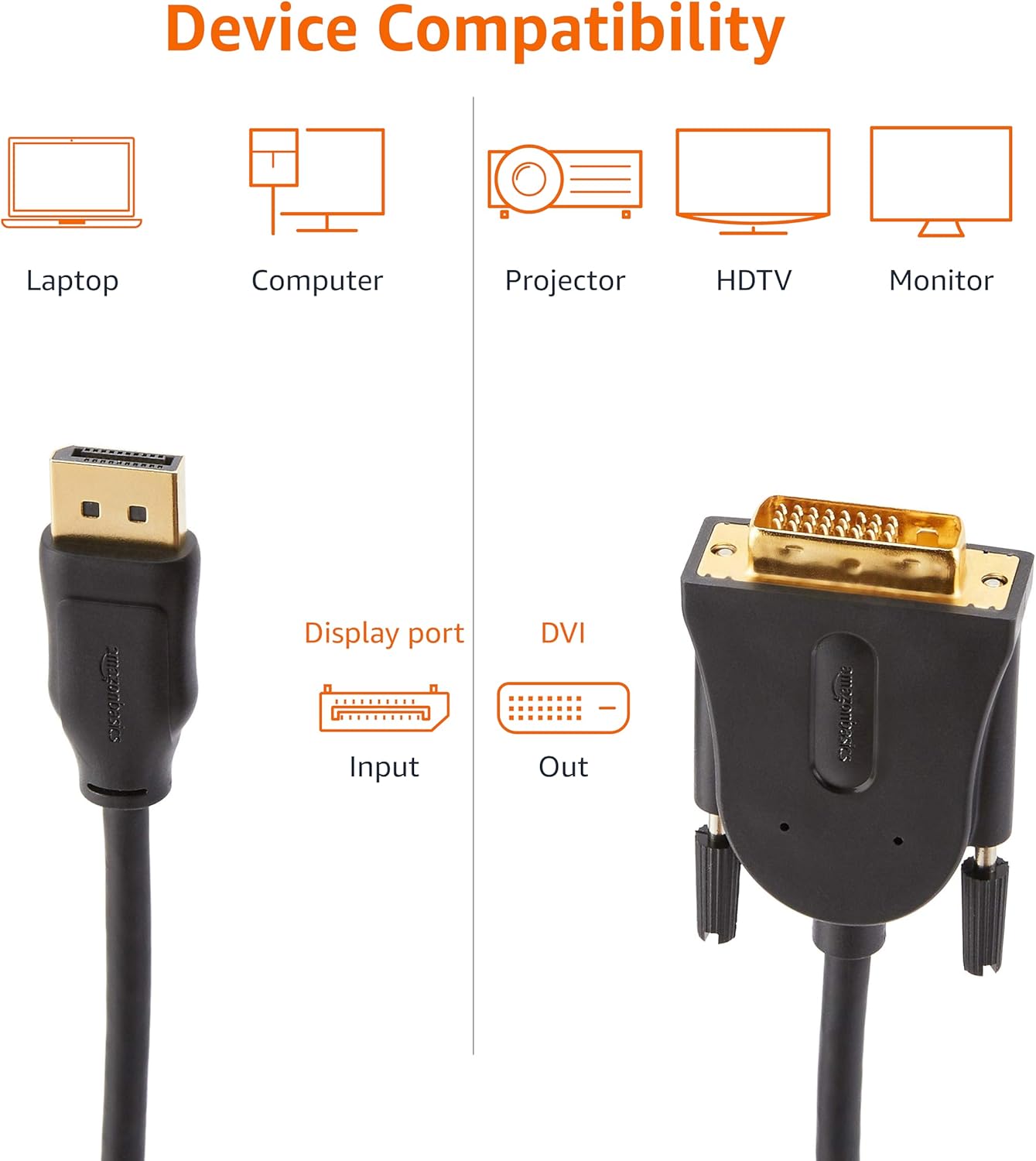 Detalle de Amazon Basics Câble DisplayPort vers DVI, 1,82 m – Lot de 10, Noir