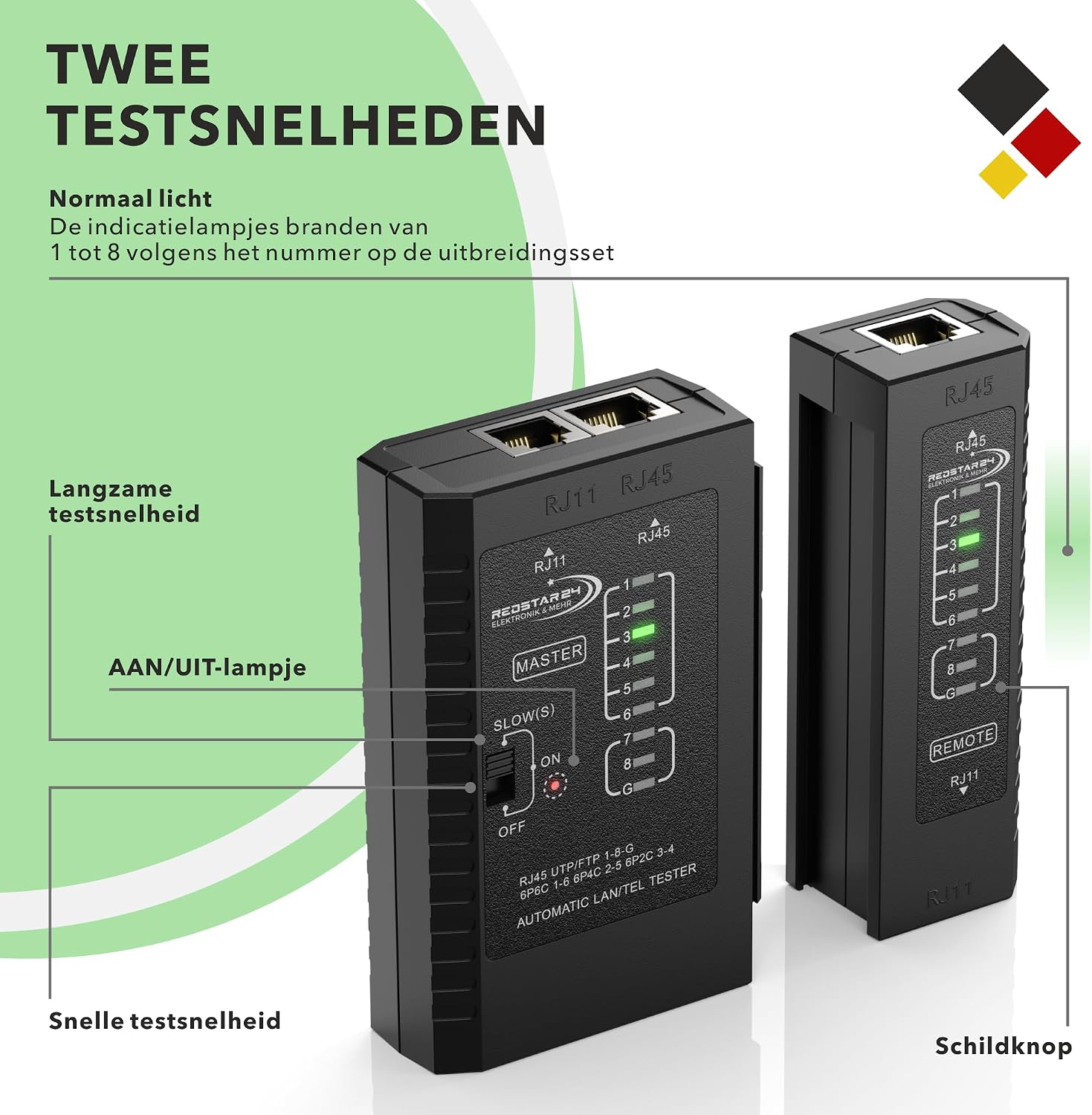 Detalle de RedStar24 RS-Netzwerktester LAN-kabeltester voor RJ11, RJ12 en RJ45 met ledcontrole