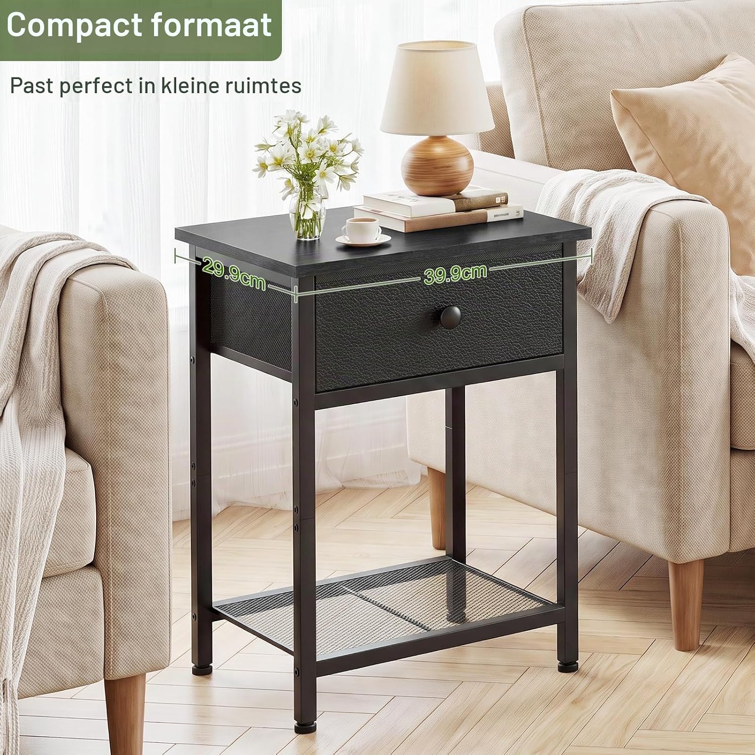 Detalle de AMHANCIBLE HET03SDBK nachtkastjes set van 2 met stoffen lade en opbergplank