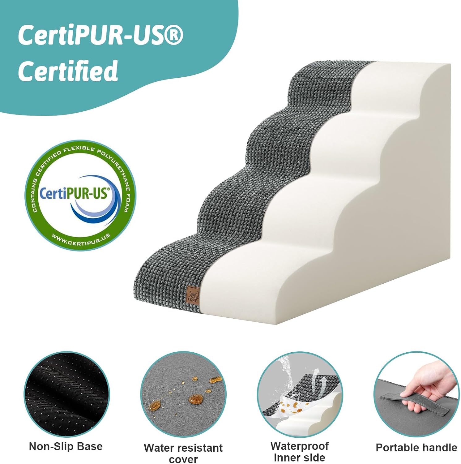 Detalle de COZY KISS Dog Stairs for Small Dogs, 4-Step Curved Ramp with High-Density Foam (19.7" H) – Charcoal Grey