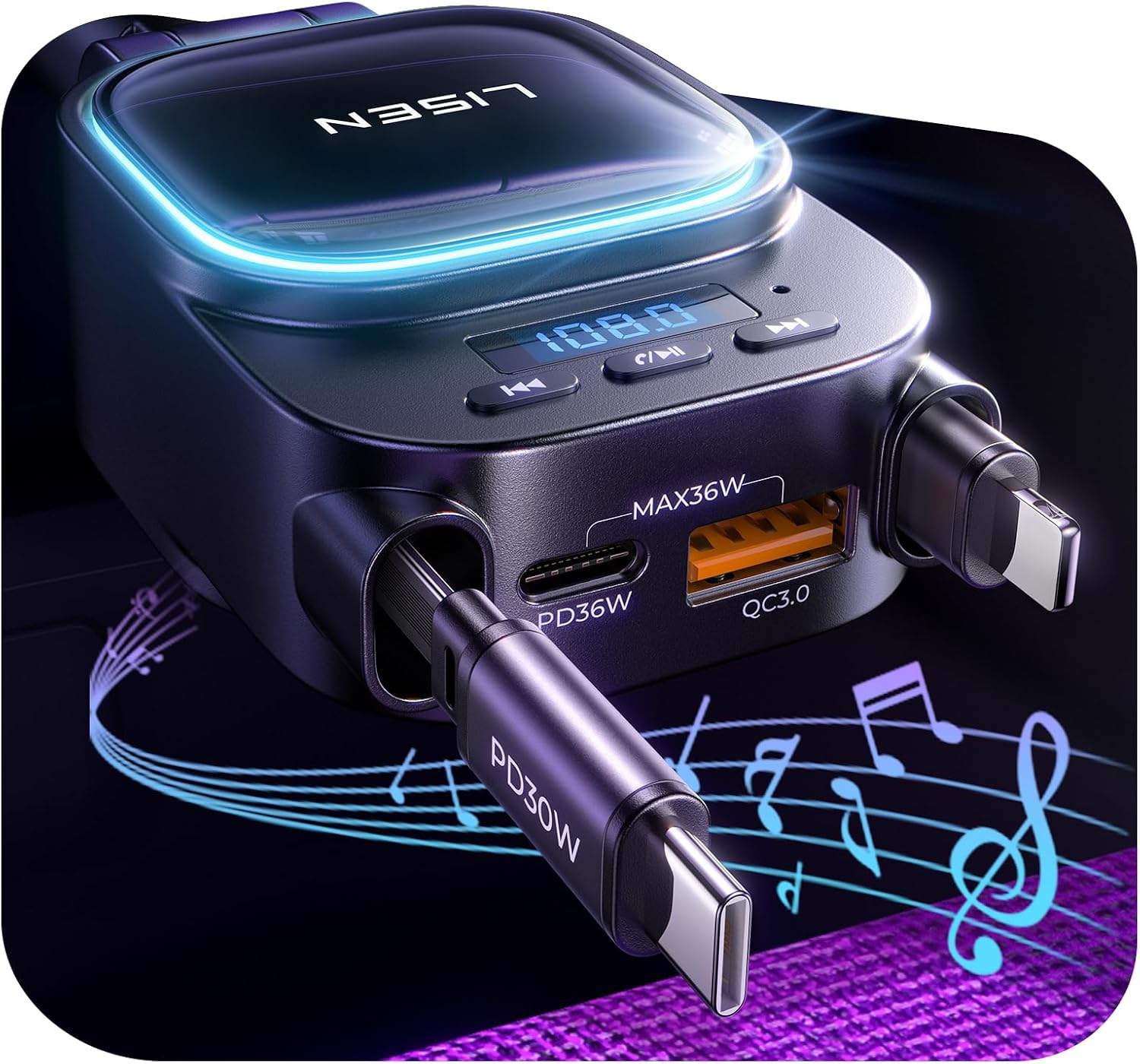 Detalle de LISEN Bluetooth 5.3 FM Transmitter Car Adapter 96W Retractable Charger