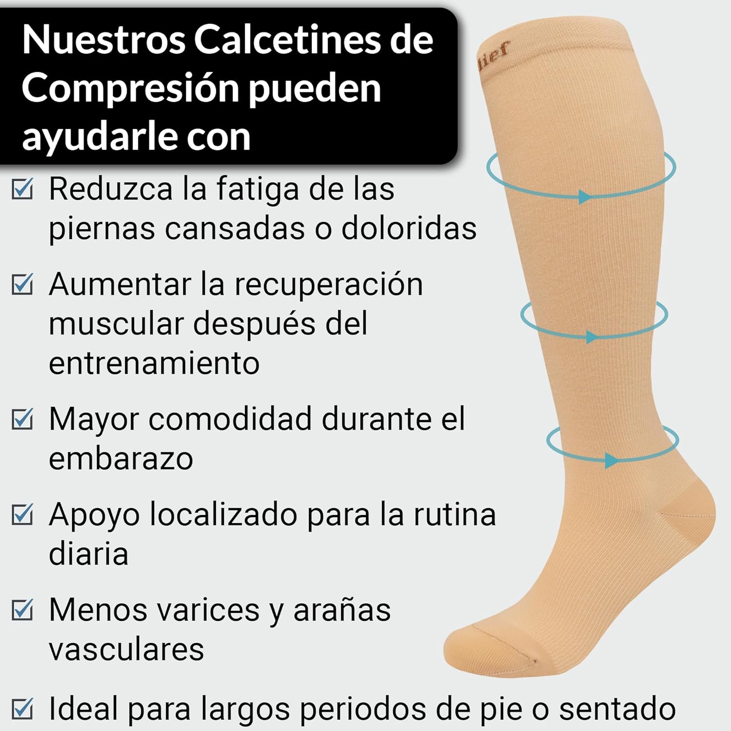 Detalle de 360 Relief medias de compresión 15–20 mmHg (1 par) para mujer y hombre, talla S/M beige con bolsa de malla