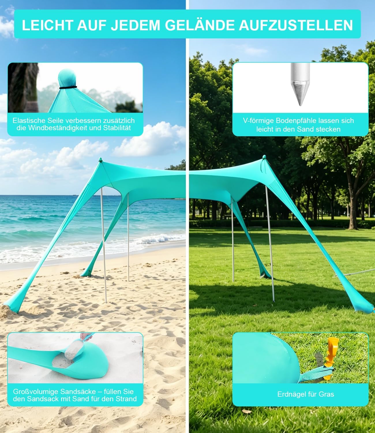 Detalle de MAXVINI UPF50+ Strandzelt 3m x 3m – UV-Schutz, stabile Dreieckskonstruktion & Sandsäcke