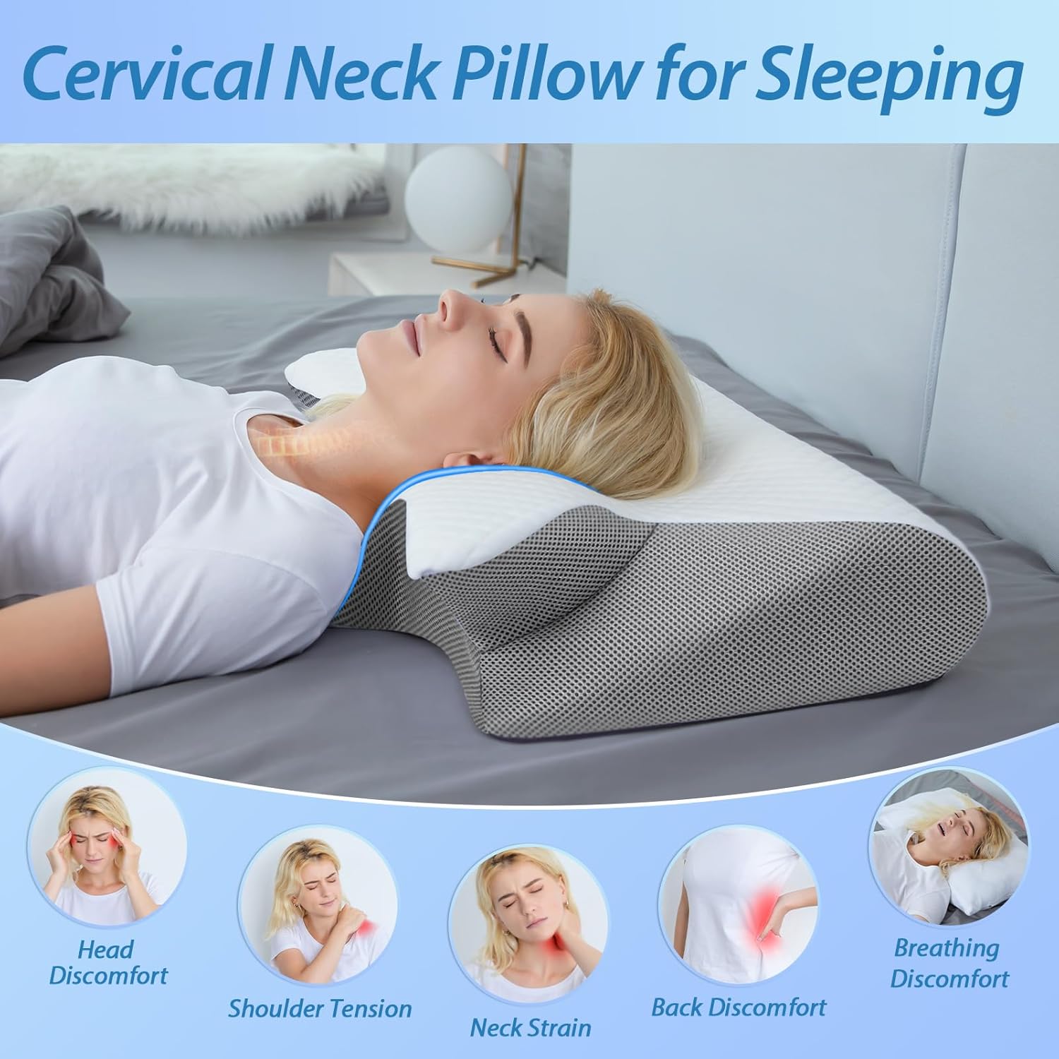 Thumbnail 3 de HOMCA Cuscino Cervicale 2 in 1: Memory Foam Ergonomico con Federa Rimovibile (60x40x12/14 cm) – Grigio