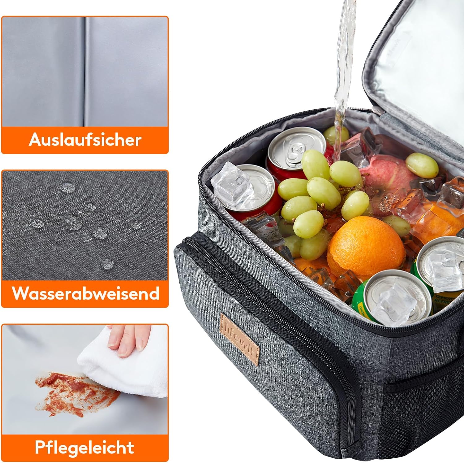 Detalle de Lifewit isolierte Kühltasche 9L – Wiederverwendbar, auslaufsicher, dunkelgrau