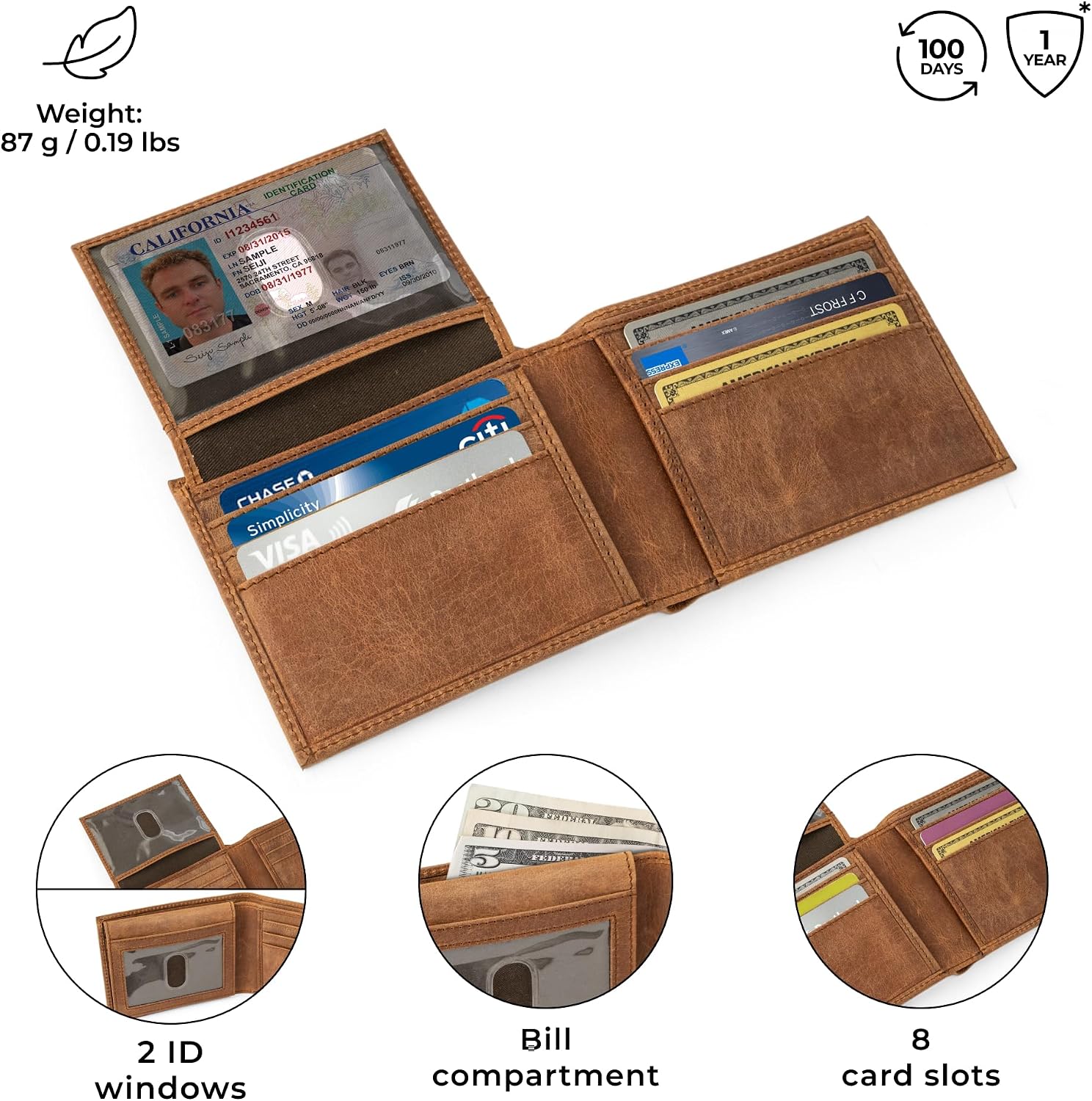 Detalle de Berliner Bags Peter Portefeuille Homme en Cuir Véritable – 8 Emplacements, 2 Fenêtres ID et Coffret Cadeau