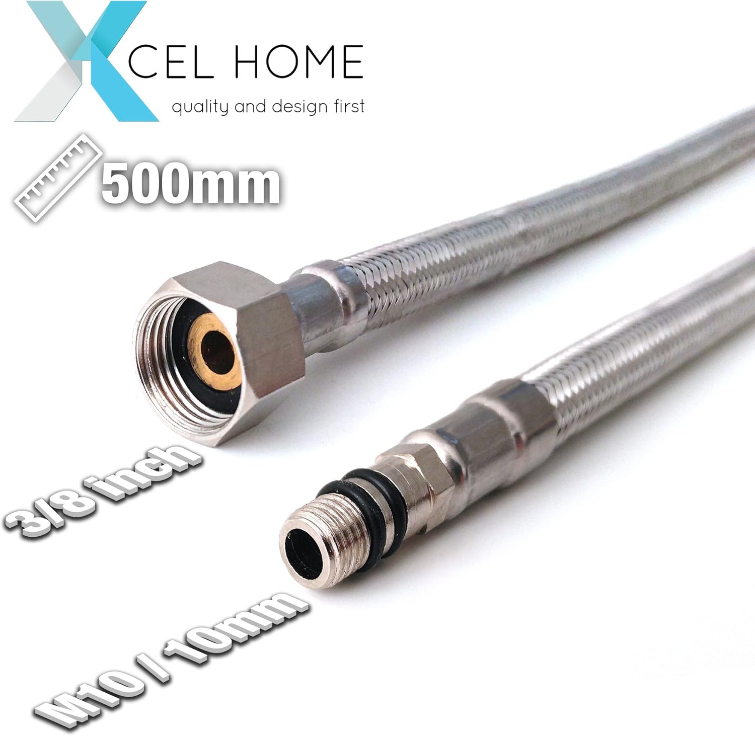 Detalle de Xcel Home 2 x M10 (10mm) x 3/8 BSP Flexible Tap Connectors – 500mm Braided Stainless Steel (Pair)