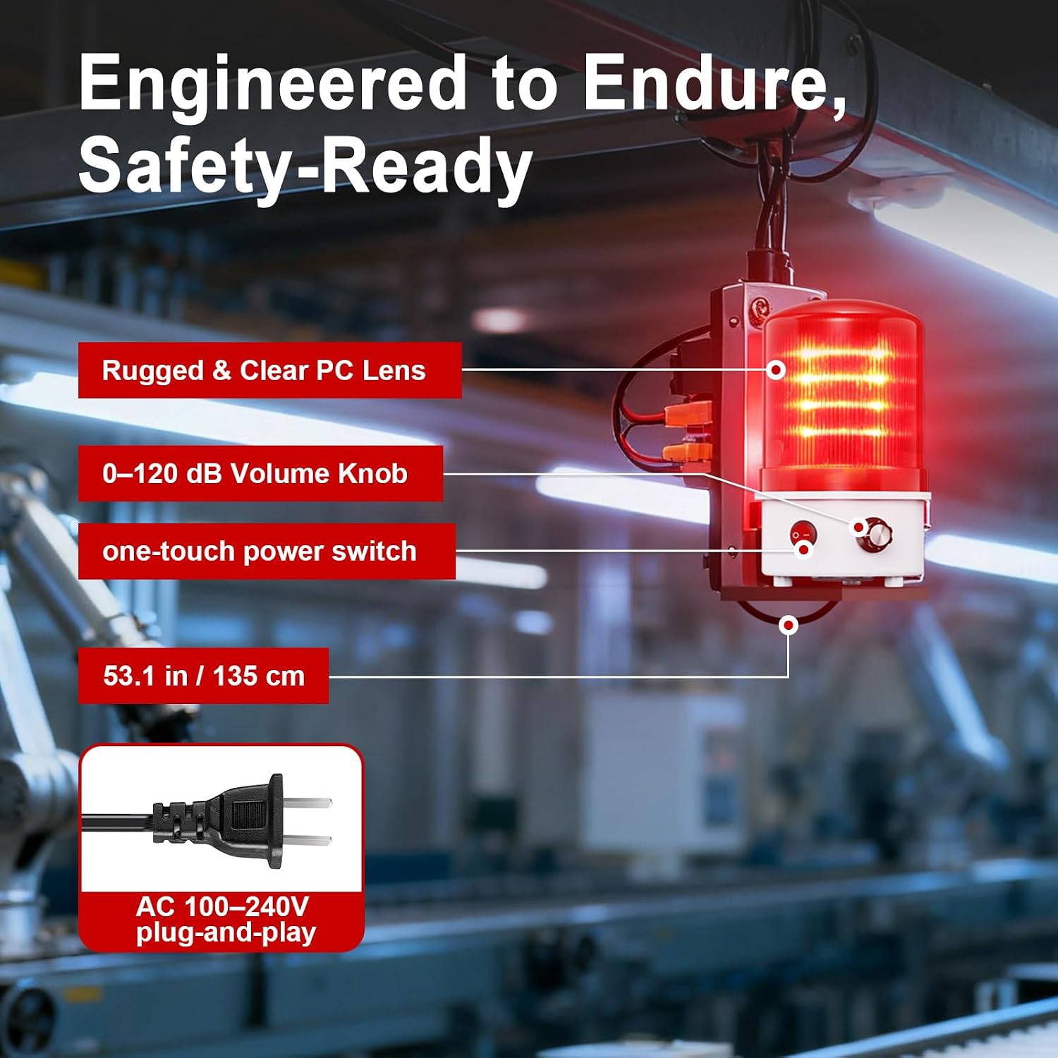 Detalle de ブザー付き工業用LED警告サイレンライト 赤色・100-240V AC・IP65・0-120dB調整