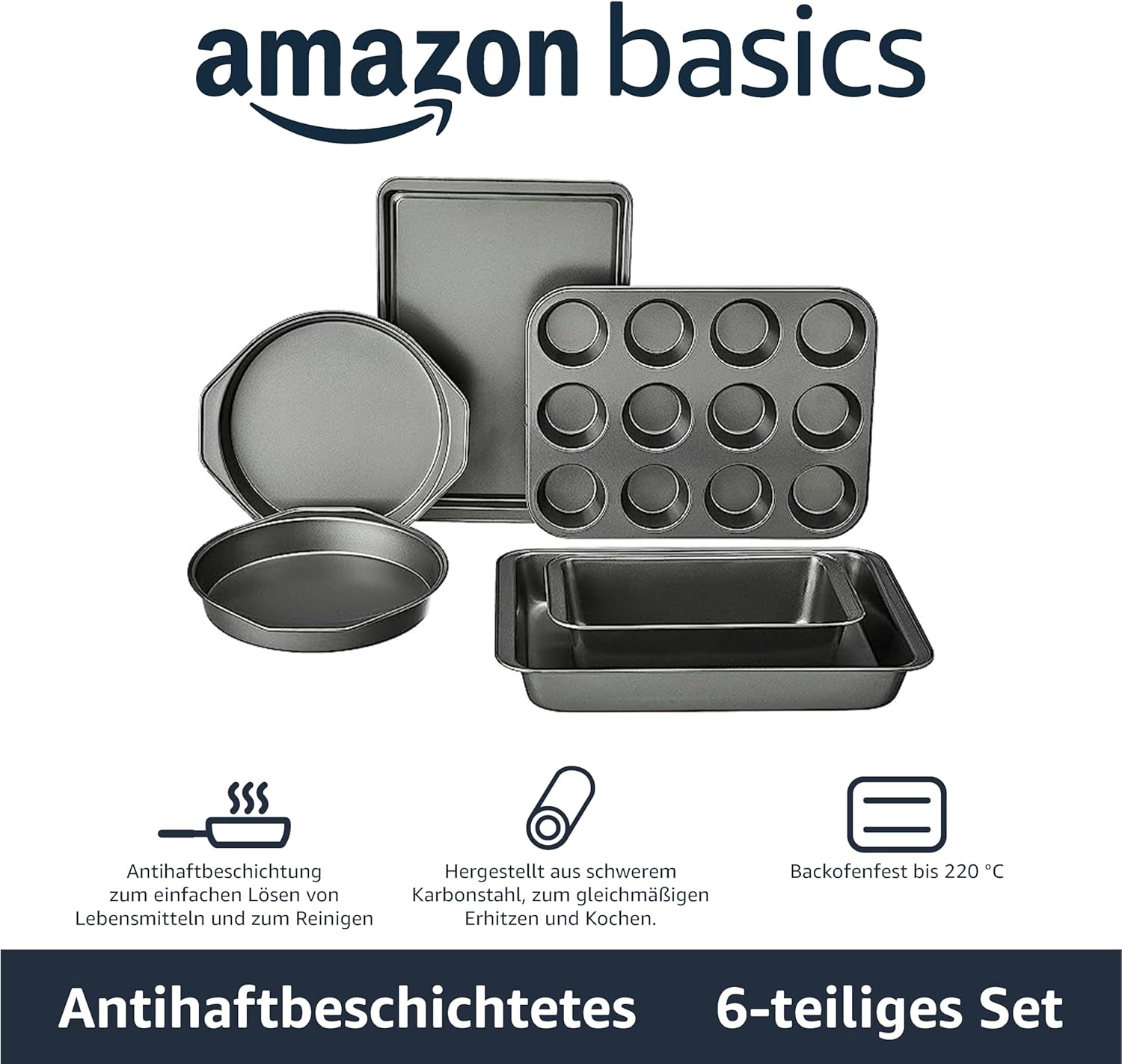 Thumbnail 1 de Amazon Basics Backformen-Set, antihaftbeschichtet, 6-teilig (41,3 x 29,8 x 15,9 cm)