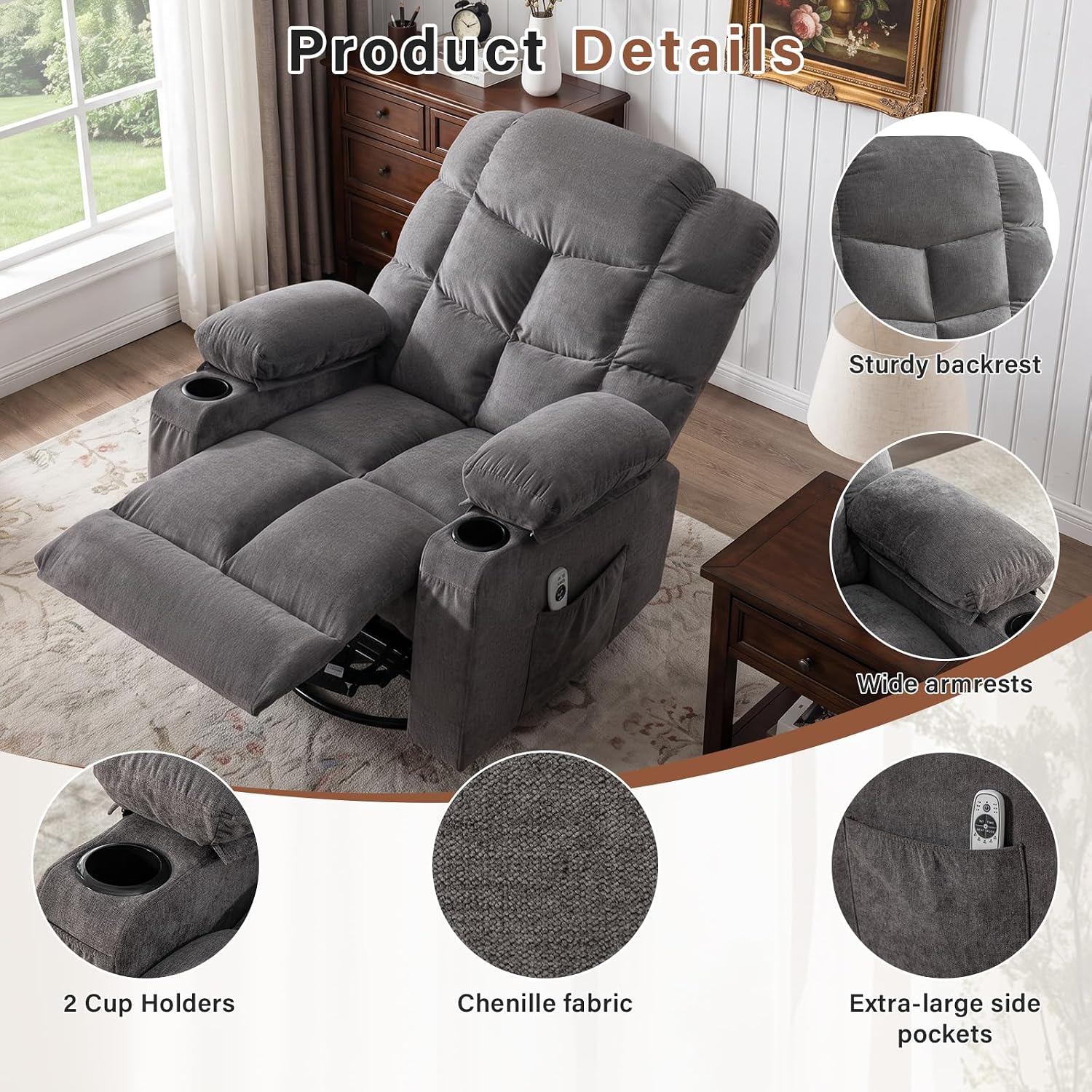 Thumbnail 6 de Swivel Rocker Recliner Chair with Massage