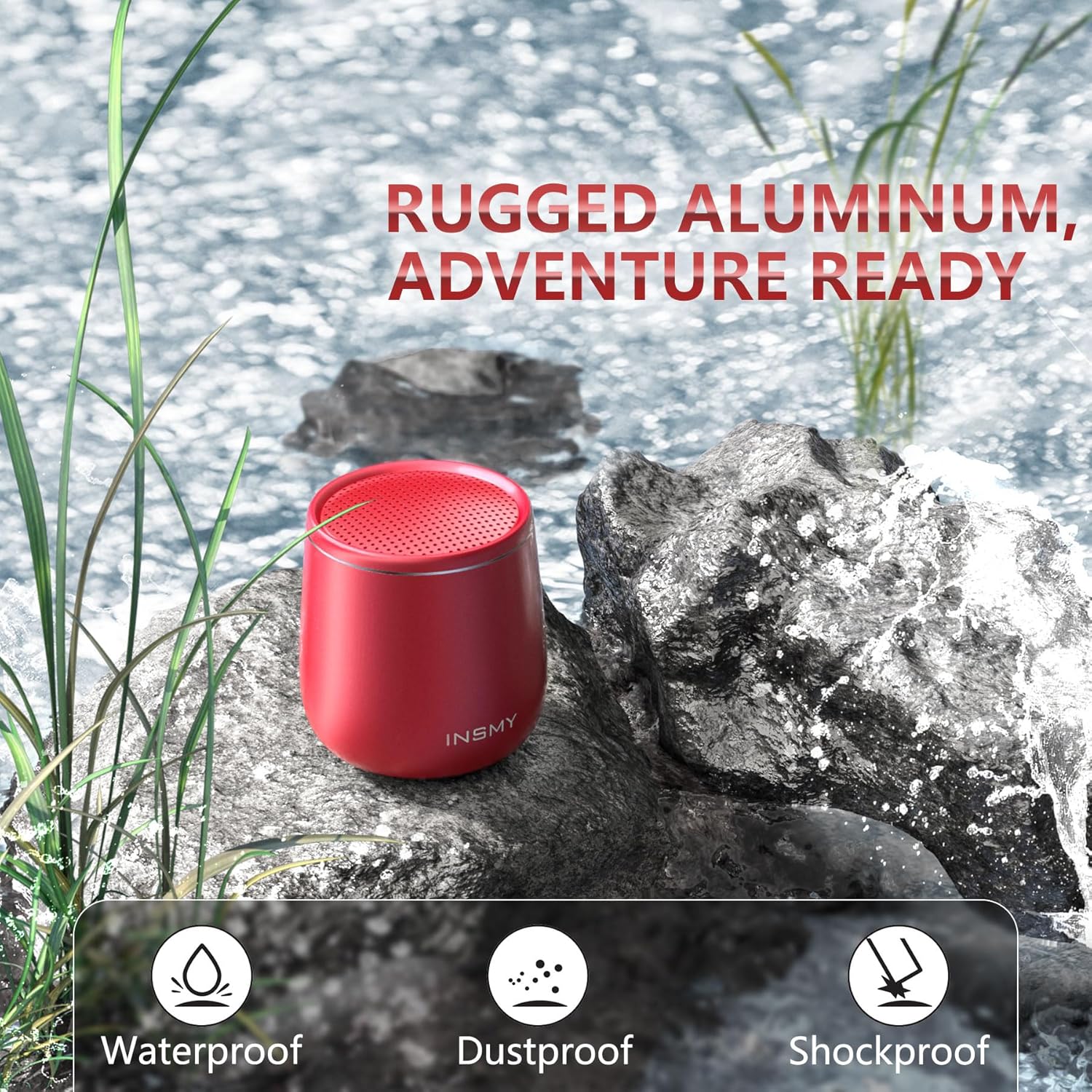 Detalle de INSMY Small Bluetooth Speaker (Waterproof Mini, Built-in Mic, Red) — Pocket-size stereo pair option