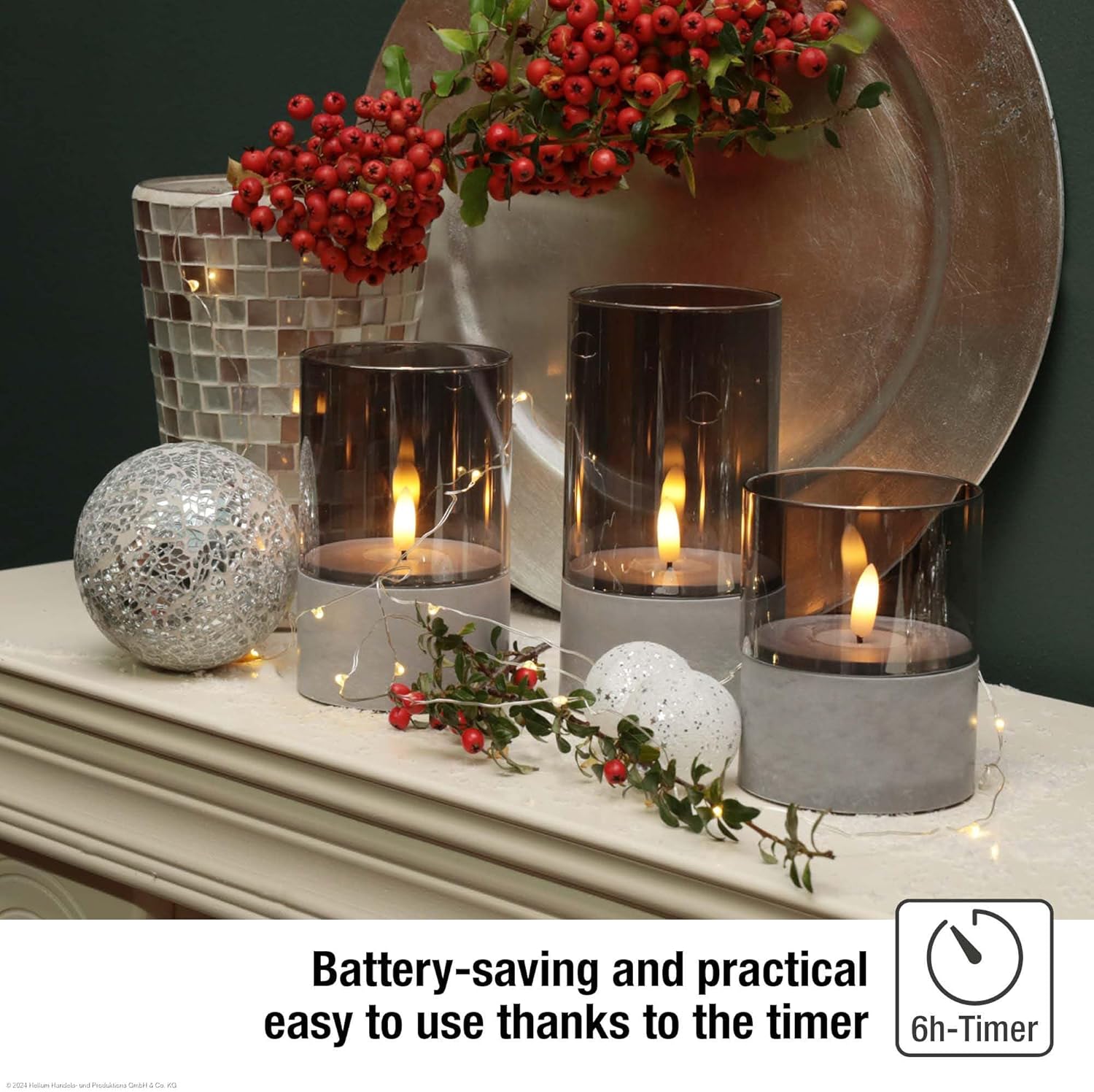 Detalle 2 de Hellum candele LED con timer grigio, set da 3 (10/12,5/15 x 8 cm, HxØ) 151992