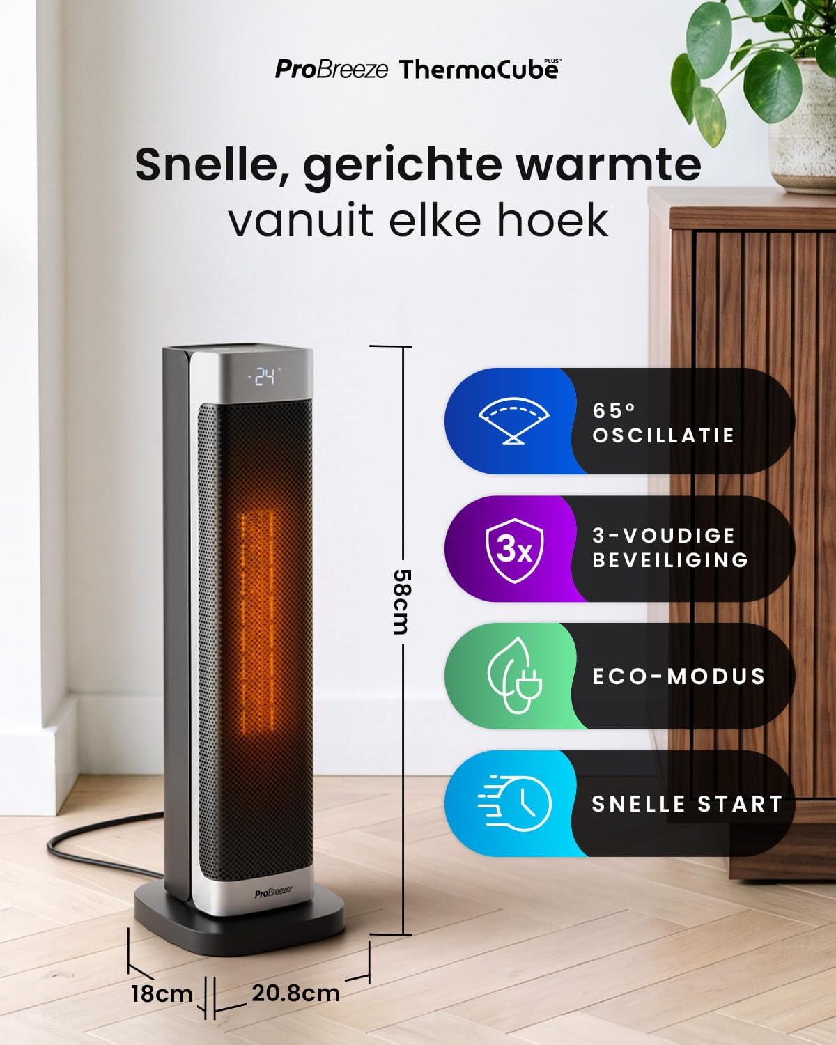 Detalle de Pro Breeze ThermaCube PB-H-29B-EU torenkachel 2200 W met 65° oscillatie
