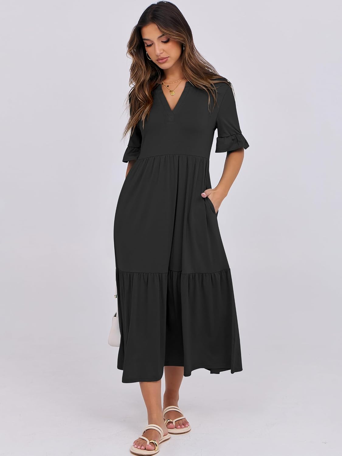Detalle de ANRABESS Women's Summer Maxi Dress: Boho-Chic Tiered V-Neck with Pockets