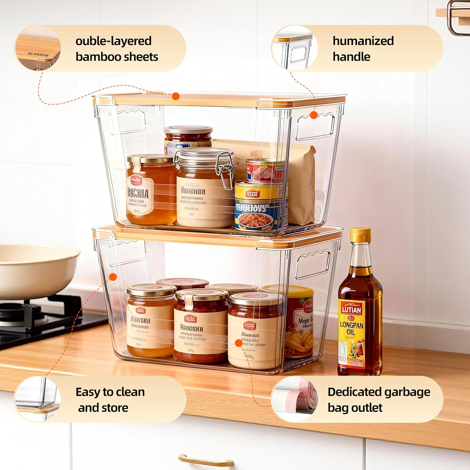 Detalle 1 de ALANSON TMZH-ALL Clear Storage Bins, 4-Pack with Bamboo Lids