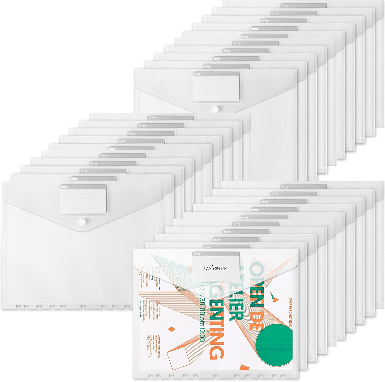Detalle de 30 buste trasparenti A4 perforate espandibili con 11 fori per raccoglitori e chiusura in velcro