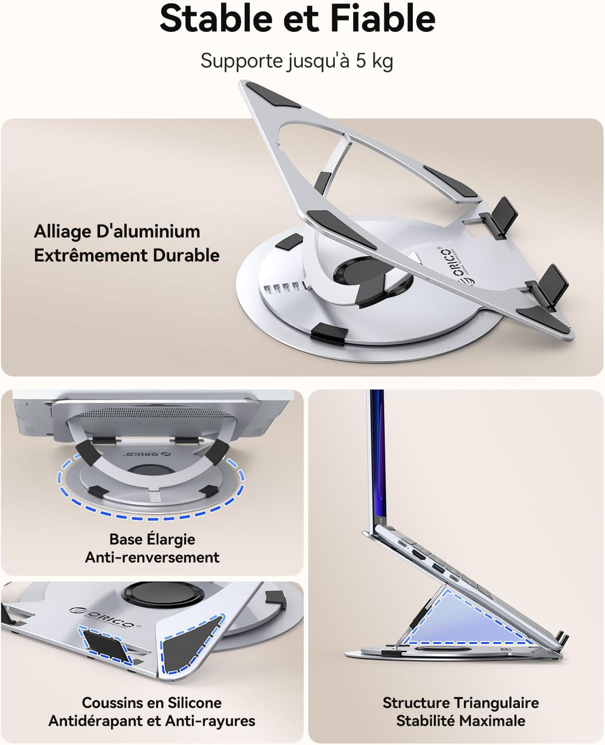 Detalle de ORICO Support ordinateur portable ventilé réglable NS1 en aluminium, hauteur à 5 niveaux et rotation 360° (10 à 17,3")