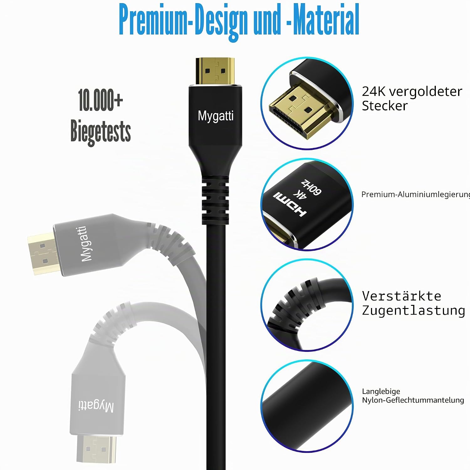Detalle de Mygatti 4K Ultra HD HDMI 2.0 Kabel-Set (5 m, 5 Stück) mit rechtwinkligen Adaptern, vergoldeten Anschlüssen und Zubehör