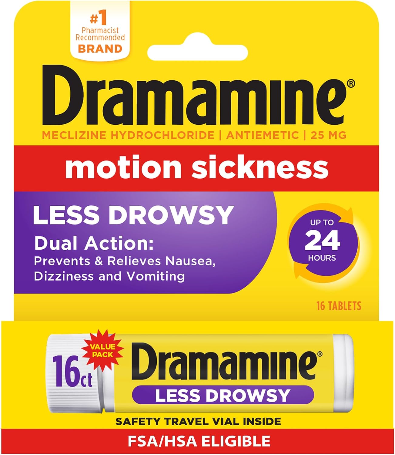 Detalle de Dramamine Motion Sickness Relief Less Drowsy Tablets, 16 Count with Meclizine