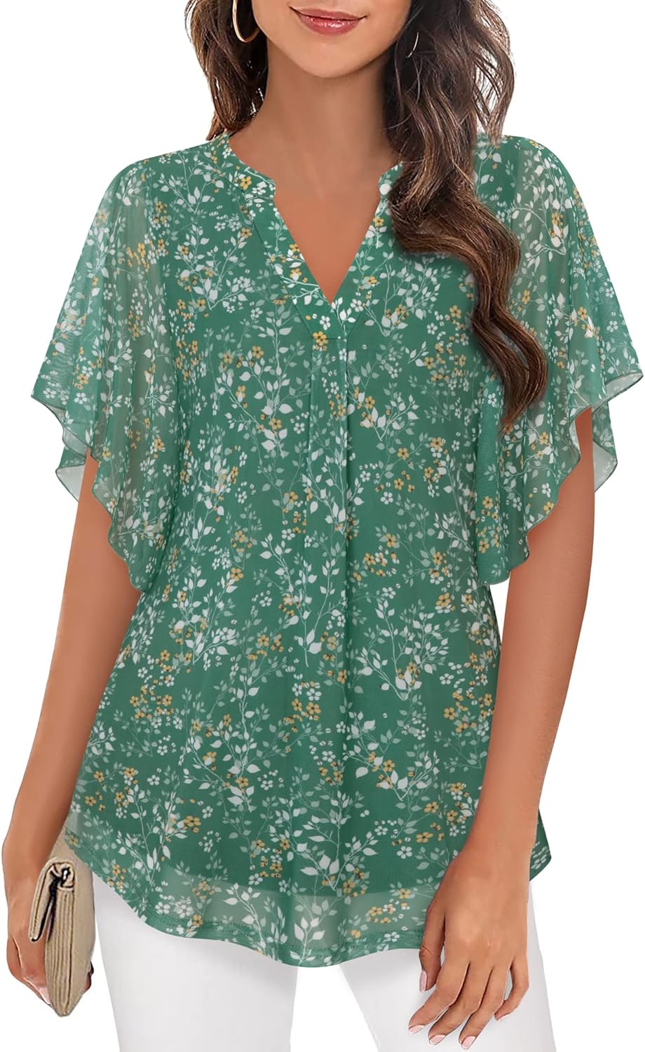 Detalle de Timeson Women’s Short Sleeve V-Neck Blouses Floral Double-Layer Mesh Tunic Tops