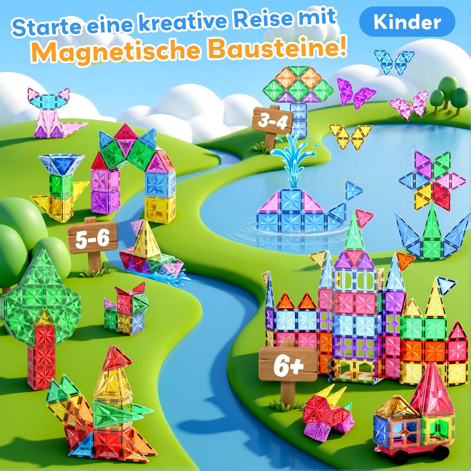 Thumbnail 1 de WOOBLO Magnetische Bausteine 108-teilig inkl. 2 Autos – Magnetkonstruktionsspiel für Kinder ab 3 Jahren
