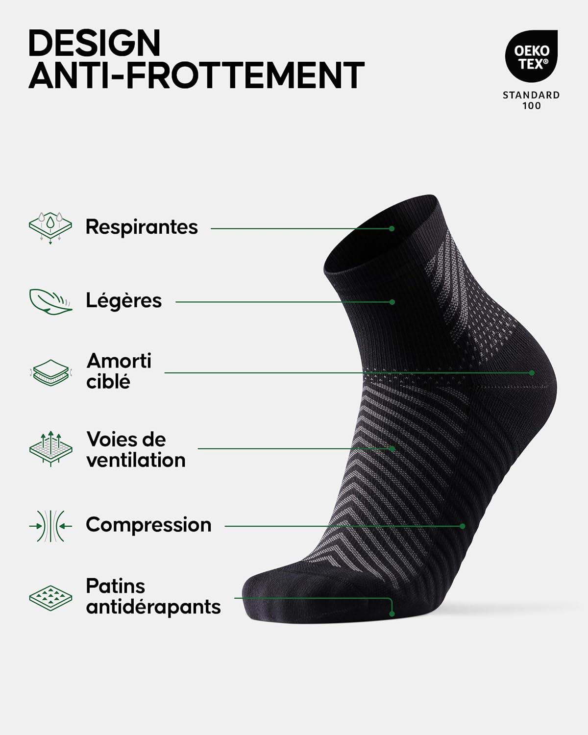 Detalle de Danish Endurance Chaussettes de course anti-dérapantes avec support cheville (2 paires)