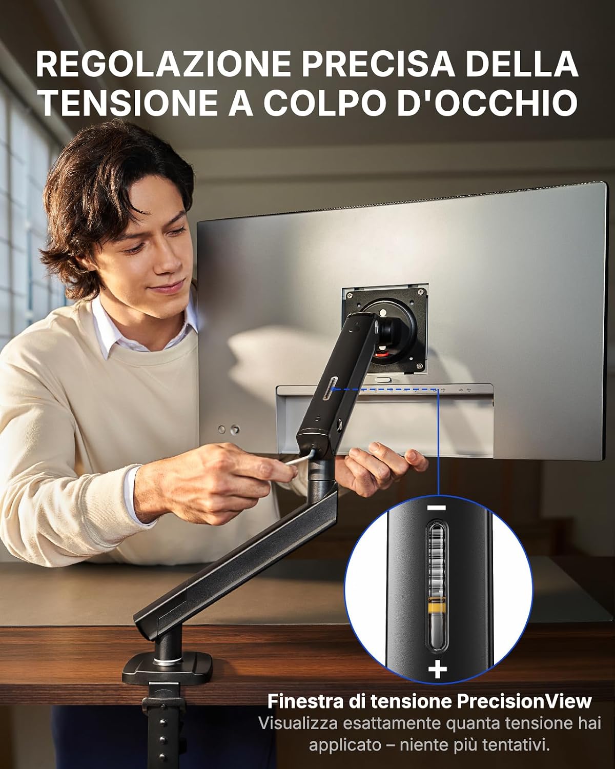 Detalle 2 de HUANUO Supporto Monitor 13–32” con Braccio MechaSpring – Montaggio VESA senza attrezzi e base con morsetto