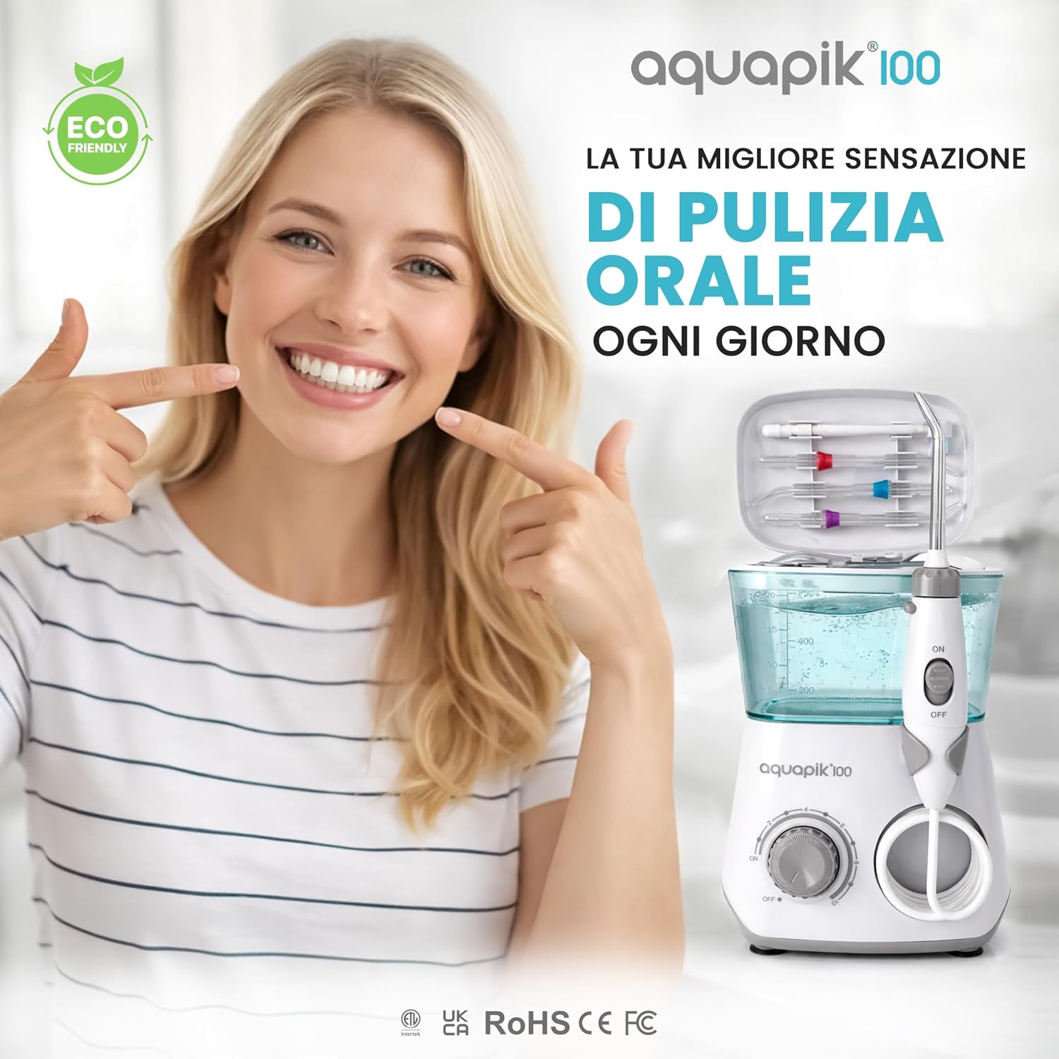 Detalle 2 de Aquapik 100 Idropulsore Dentale Professionale – 8 ugelli e serbatoio 600 ml per una pulizia interdentale accurata