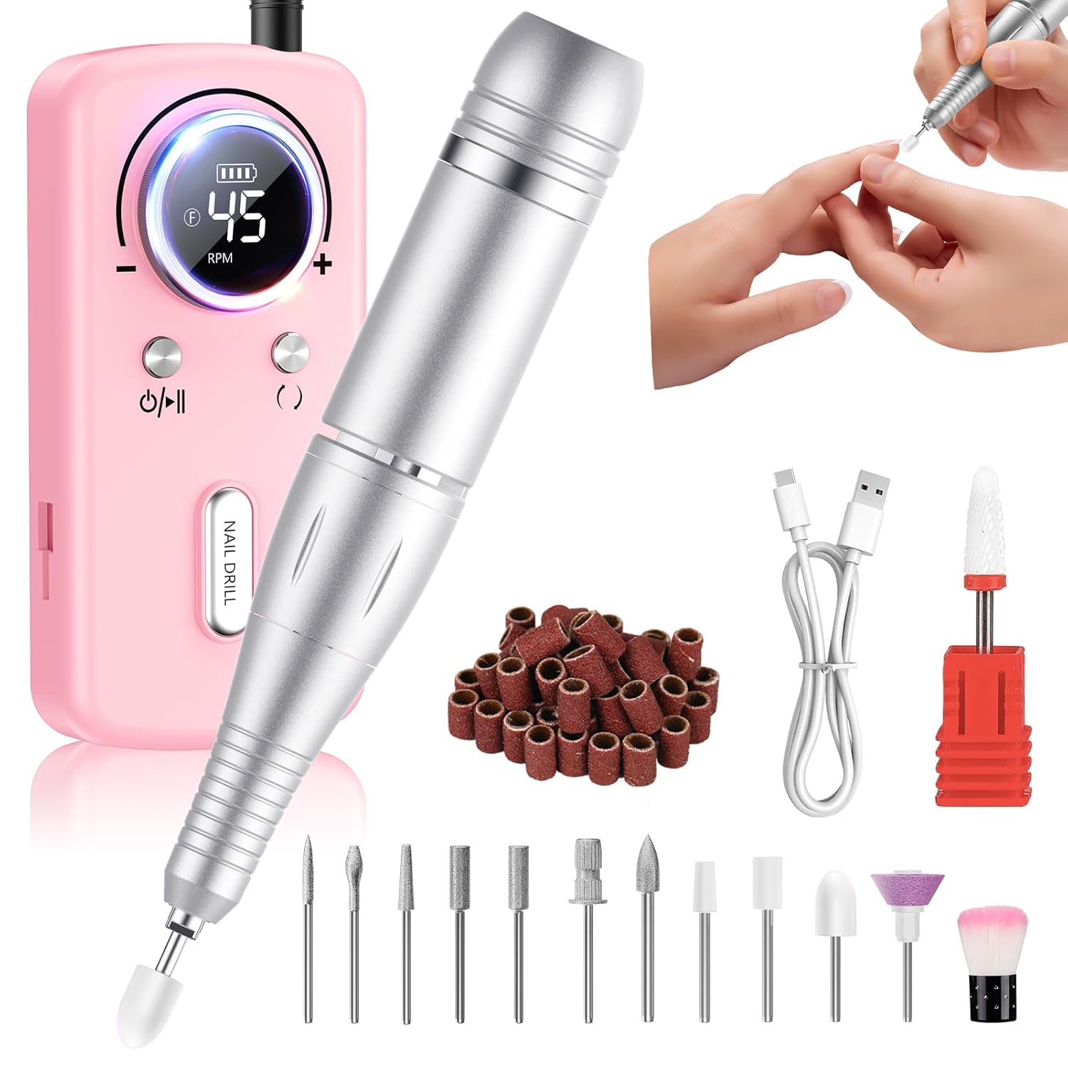 Detalle de PKBD 45000 u/m Professioneller tragbarer Nagelfräser mit 11 Aufsätzen – Für Acryl, Gel und Naturnägel