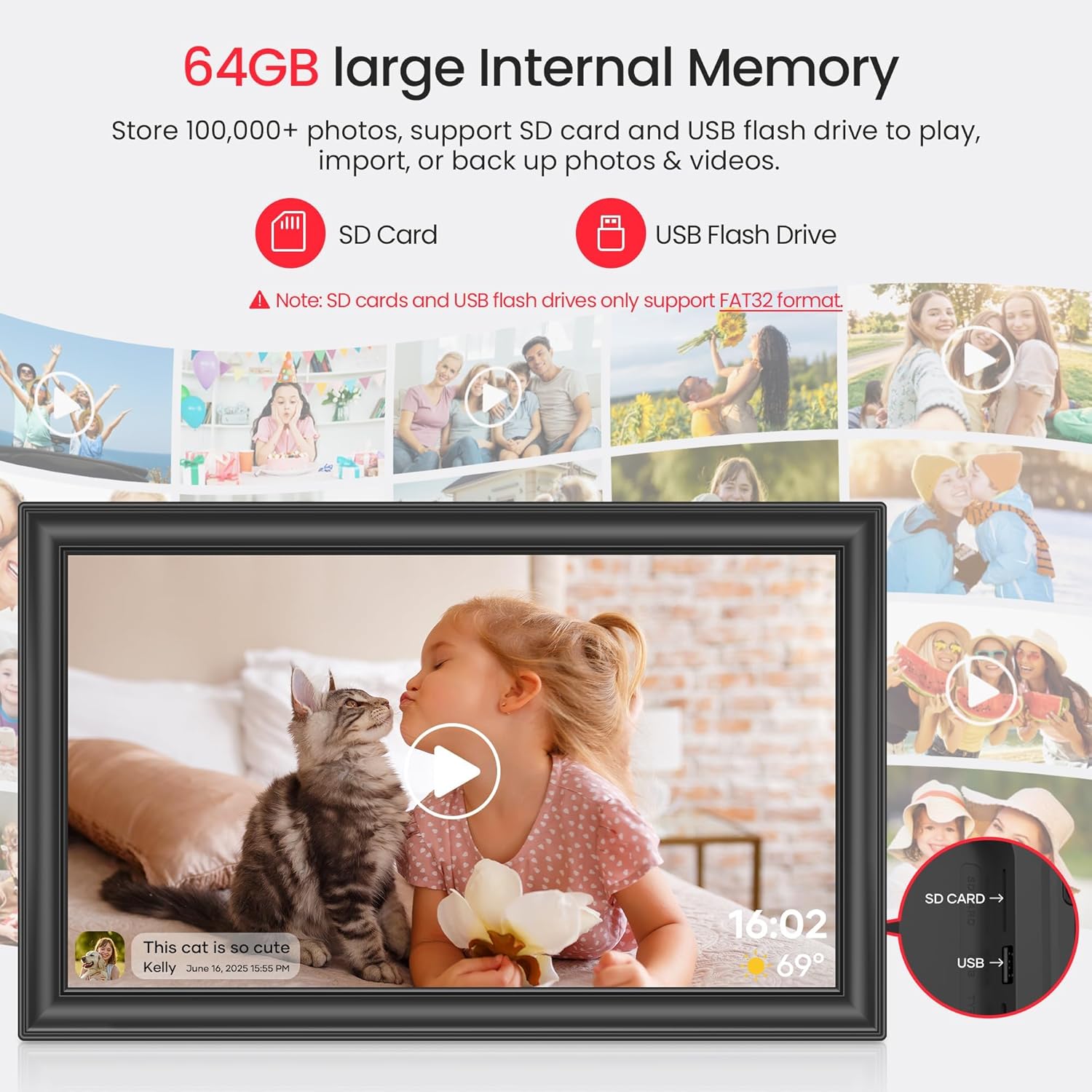 Thumbnail 2 de 64GB 15.6" Frameo WiFi Digital Photo Frame (Black) – 1920×1080 FHD Touch Screen, Auto Rotate, Wall Mountable